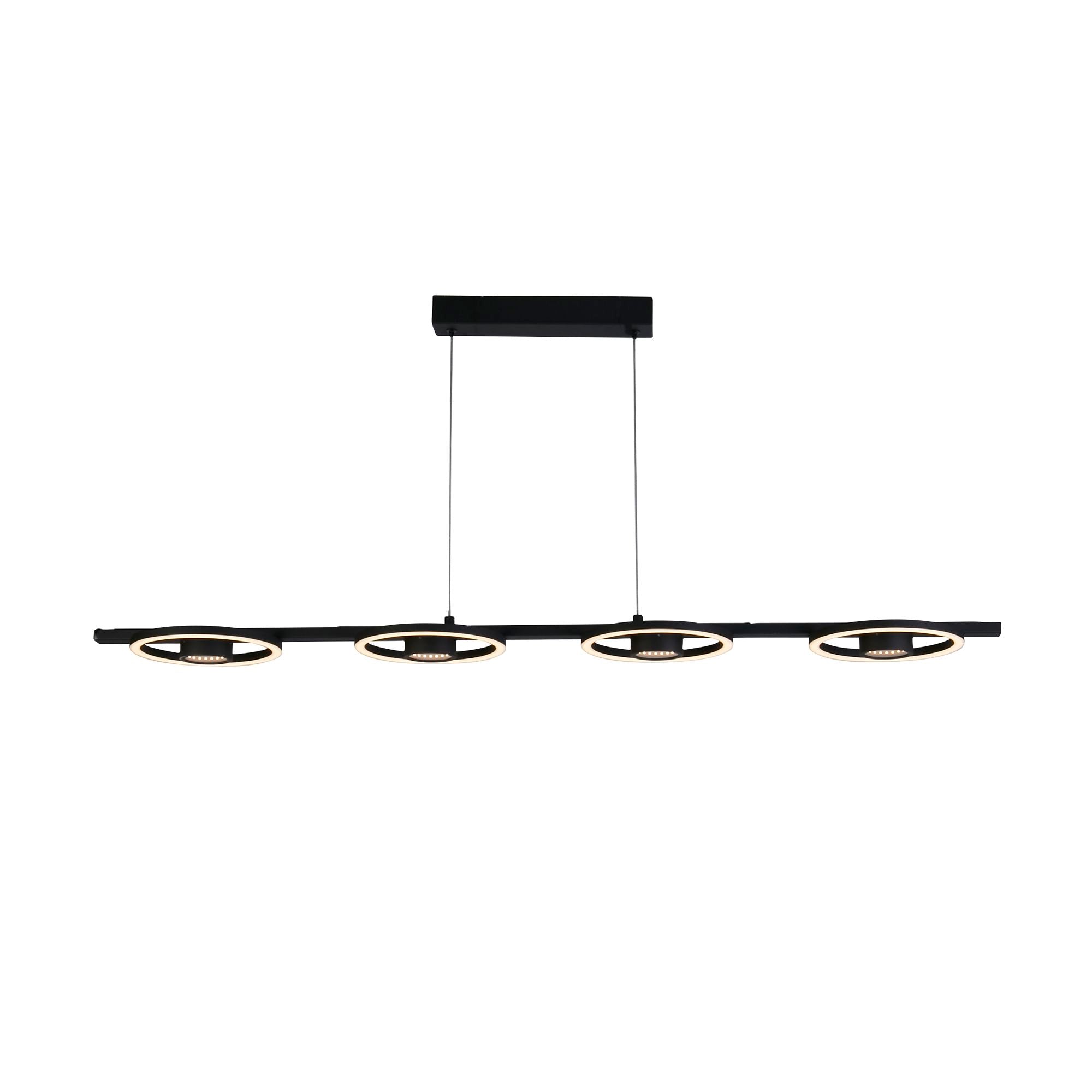 Searchlight Space 4 Light LED Bar Pendant in black, studio front view of the full fixture with four LED rings along the bar