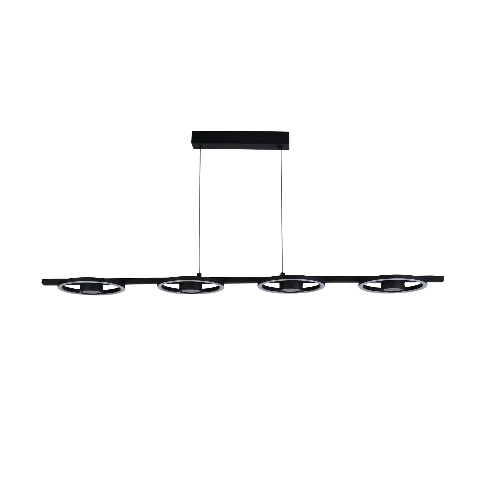 Searchlight Space 4 Light LED Bar Pendant in black, front view of the fixture with all four LED rings lit