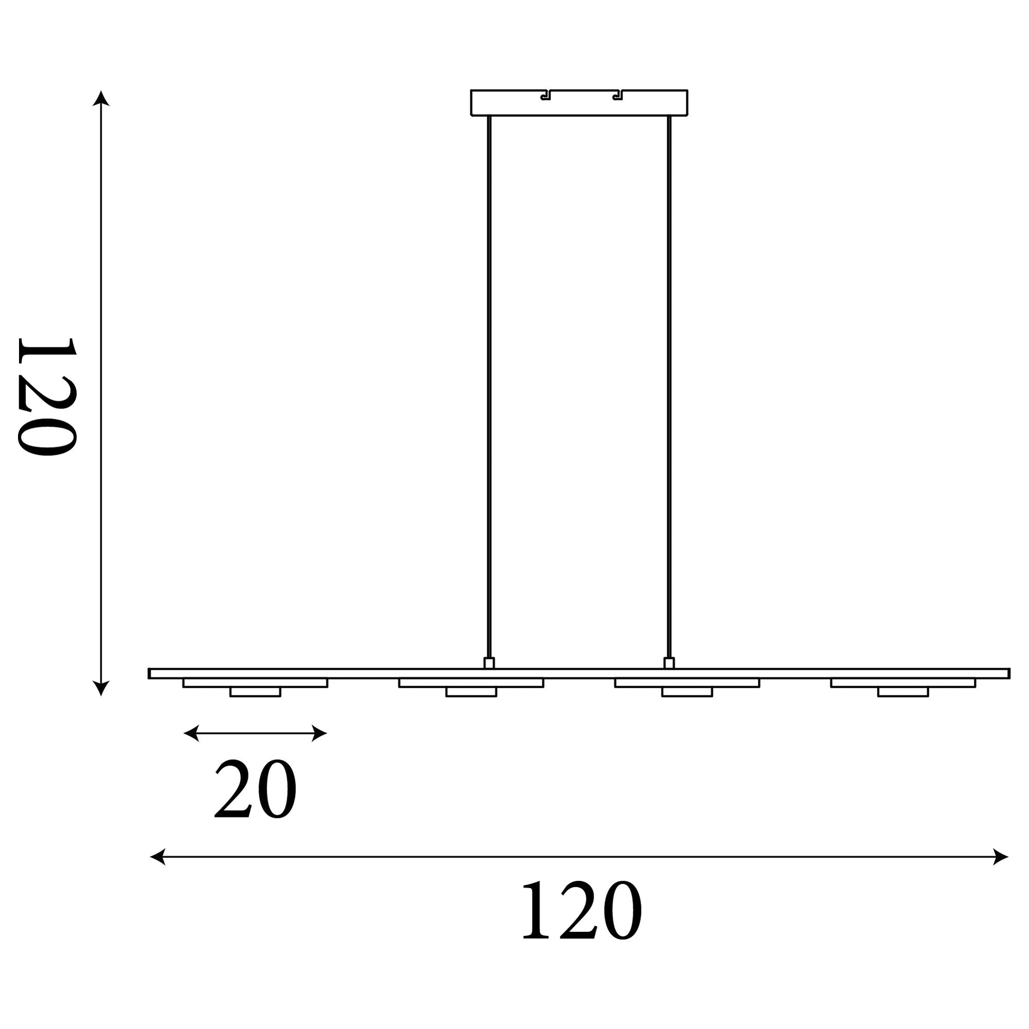 Line drawing of the Searchlight Space 4 Light LED Bar Pendant showing dimensions, 120cm bar length, 120cm maximum drop and 20cm ring width