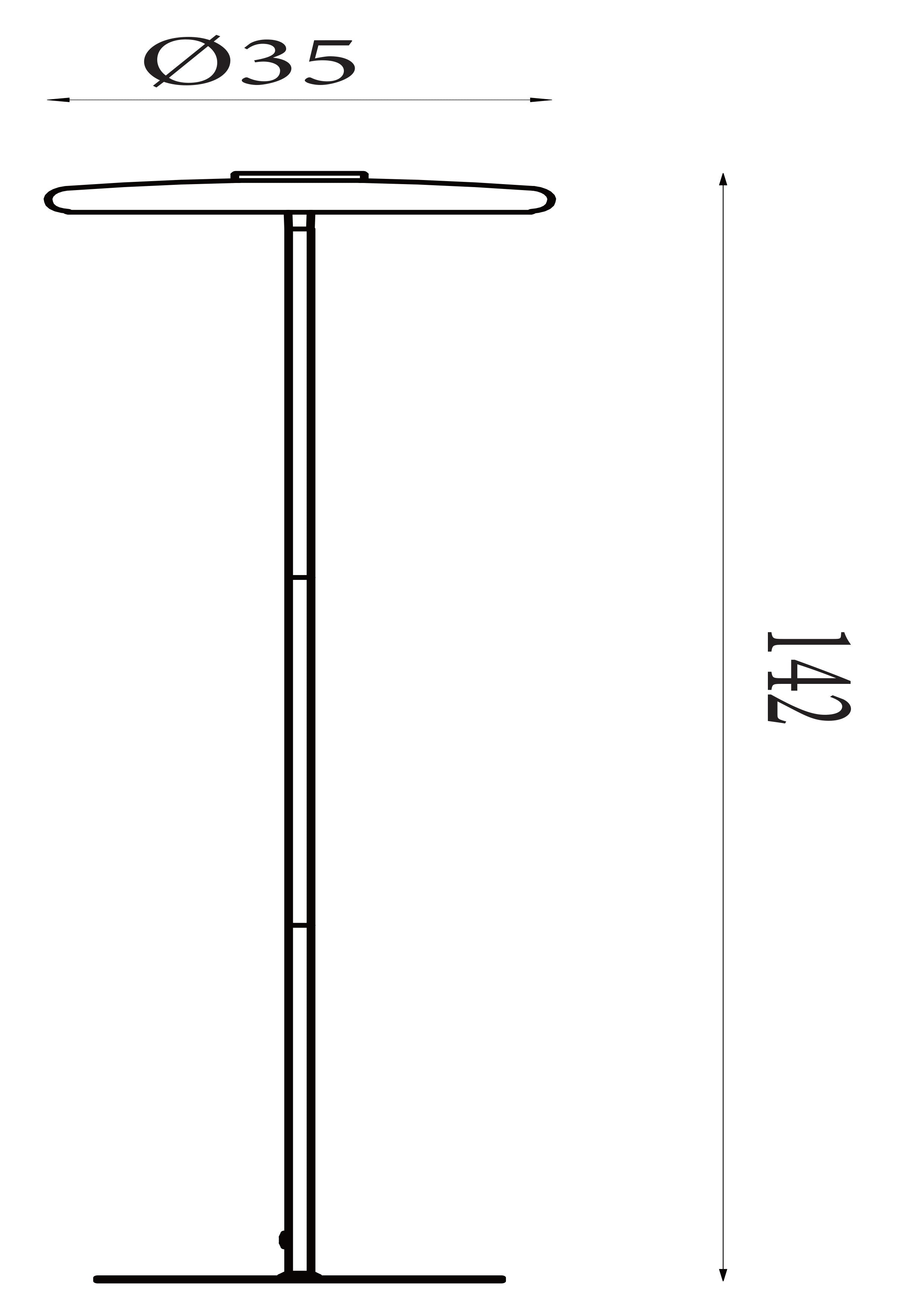 Line drawing of the Record floor lamp showing dimensions of 142cm height and 35cm shade diameter