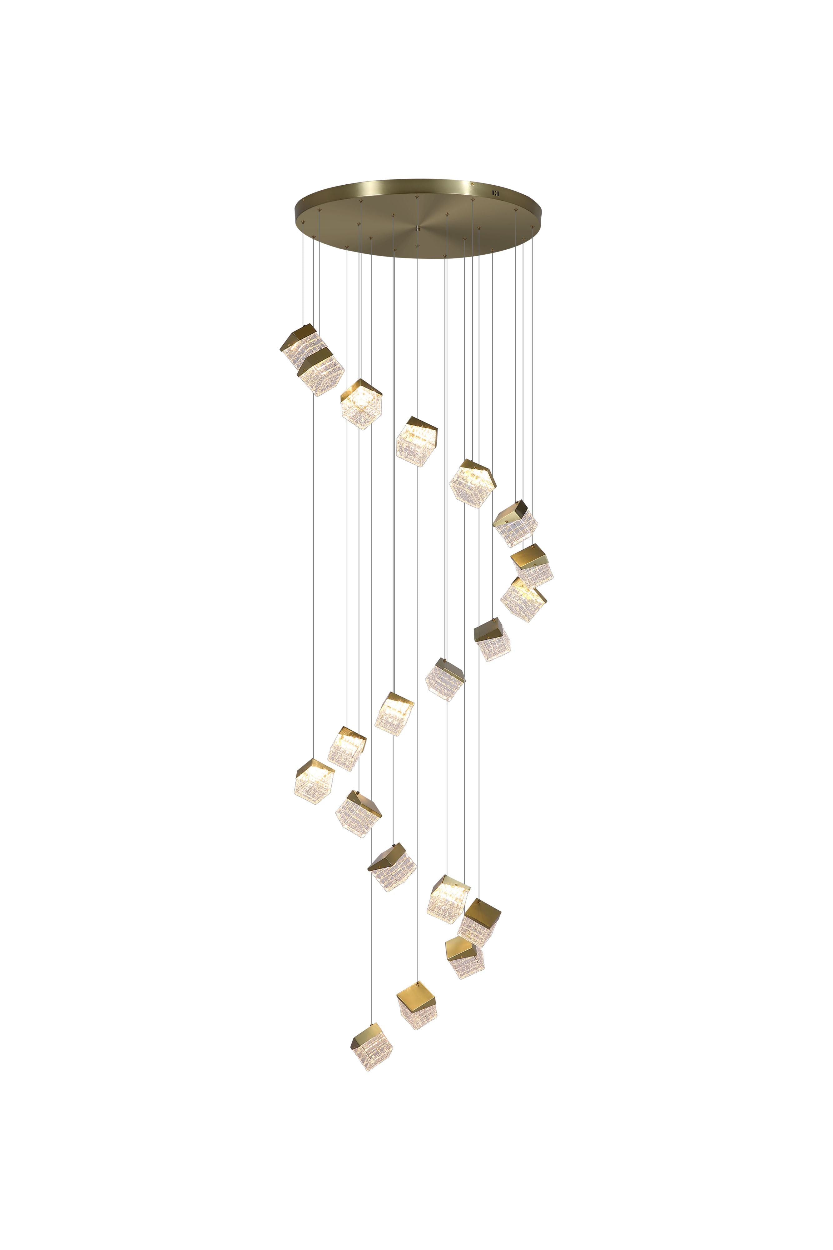 Searchlight Cuboid 20 Light LED Multi Drop Pendant in satin brass, full studio shot of the cascading spiral of acrylic cubes