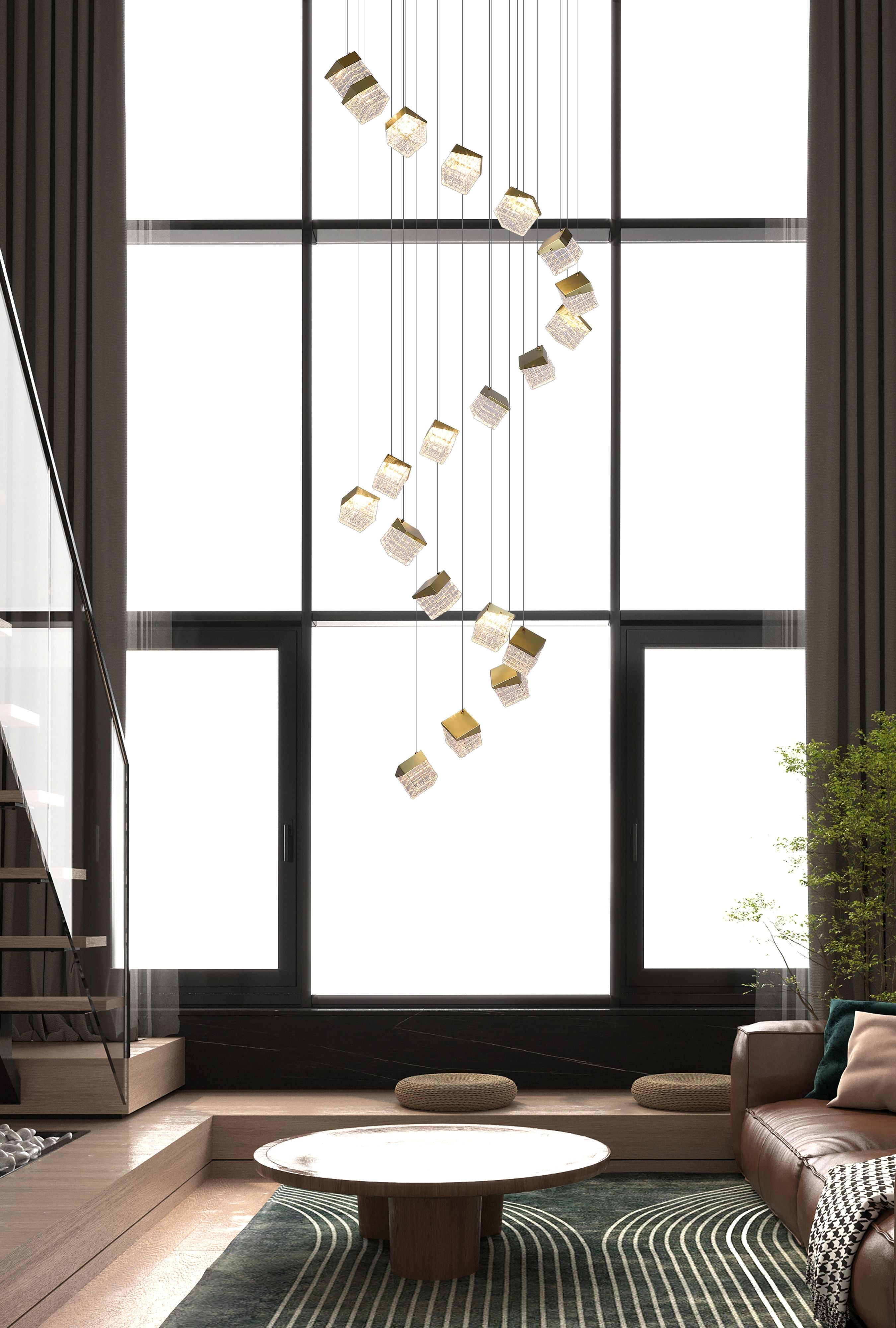 Cuboid 20 Light LED Multi Drop Pendant hanging in front of tall windows in a modern living room with a leather sofa