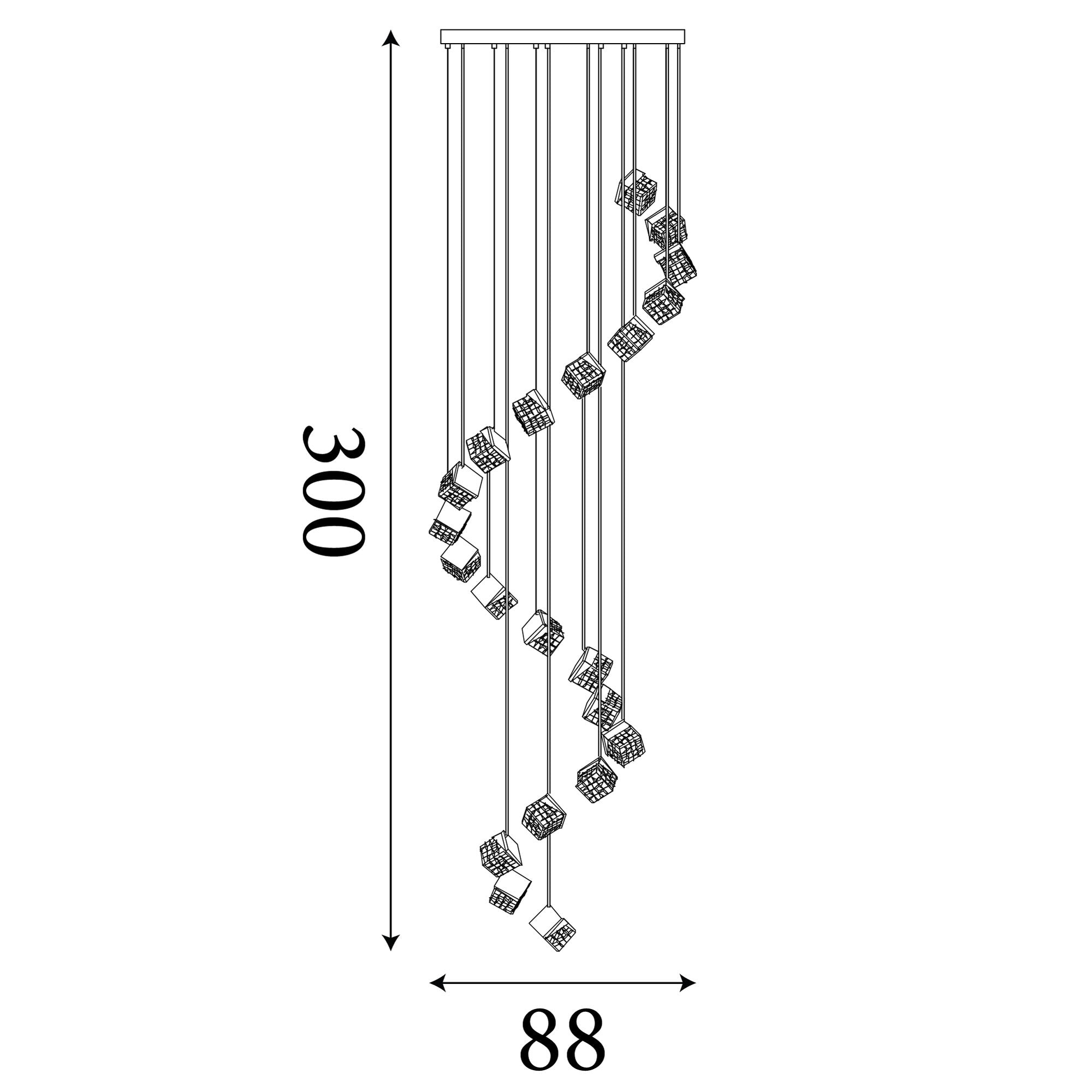 Technical drawing of the Cuboid 20 Light LED Multi Drop Pendant showing a maximum drop of 300cm and an 88cm spread