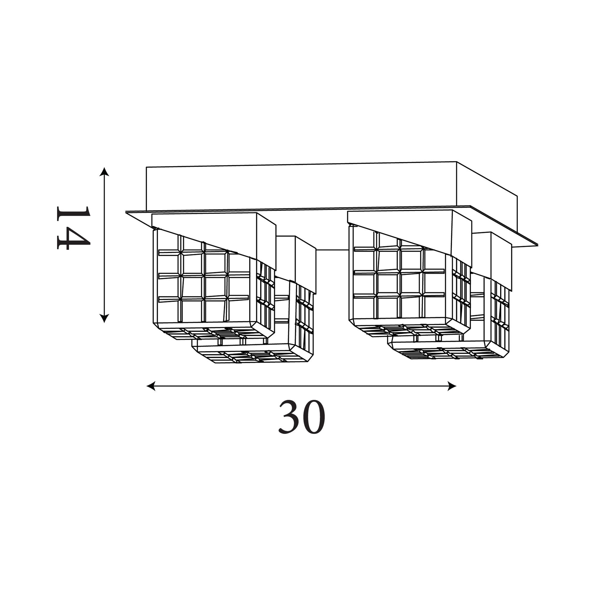 Technical drawing of the Cuboid 4 Light Flush showing a height of 14cm and a 30cm by 30cm footprint