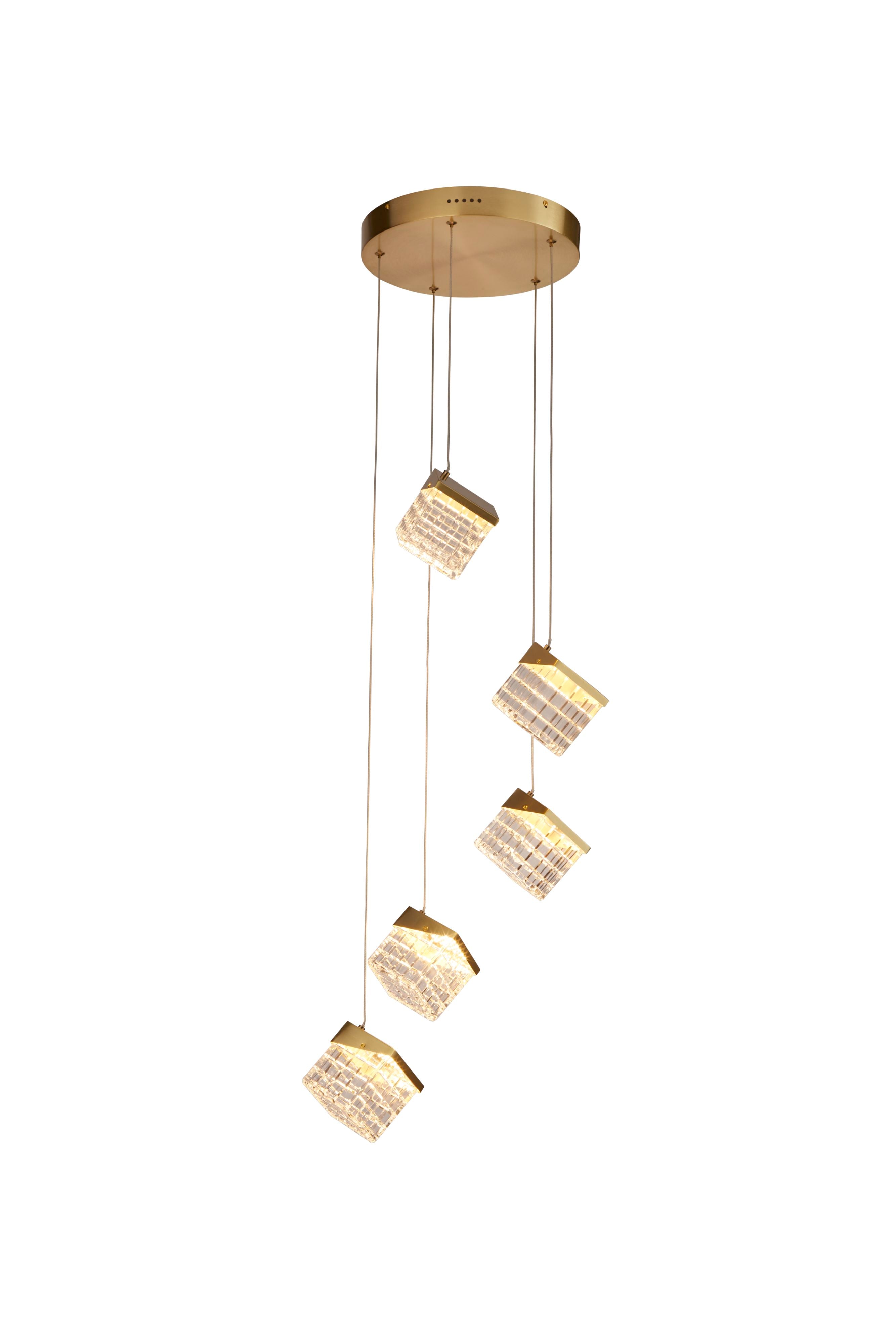 Searchlight Cuboid 5 Light LED Multi Drop Pendant in satin brass, full fitting on a white background, showing five cascading cut acrylic cube shades at staggered heights below a round satin brass ceiling plate