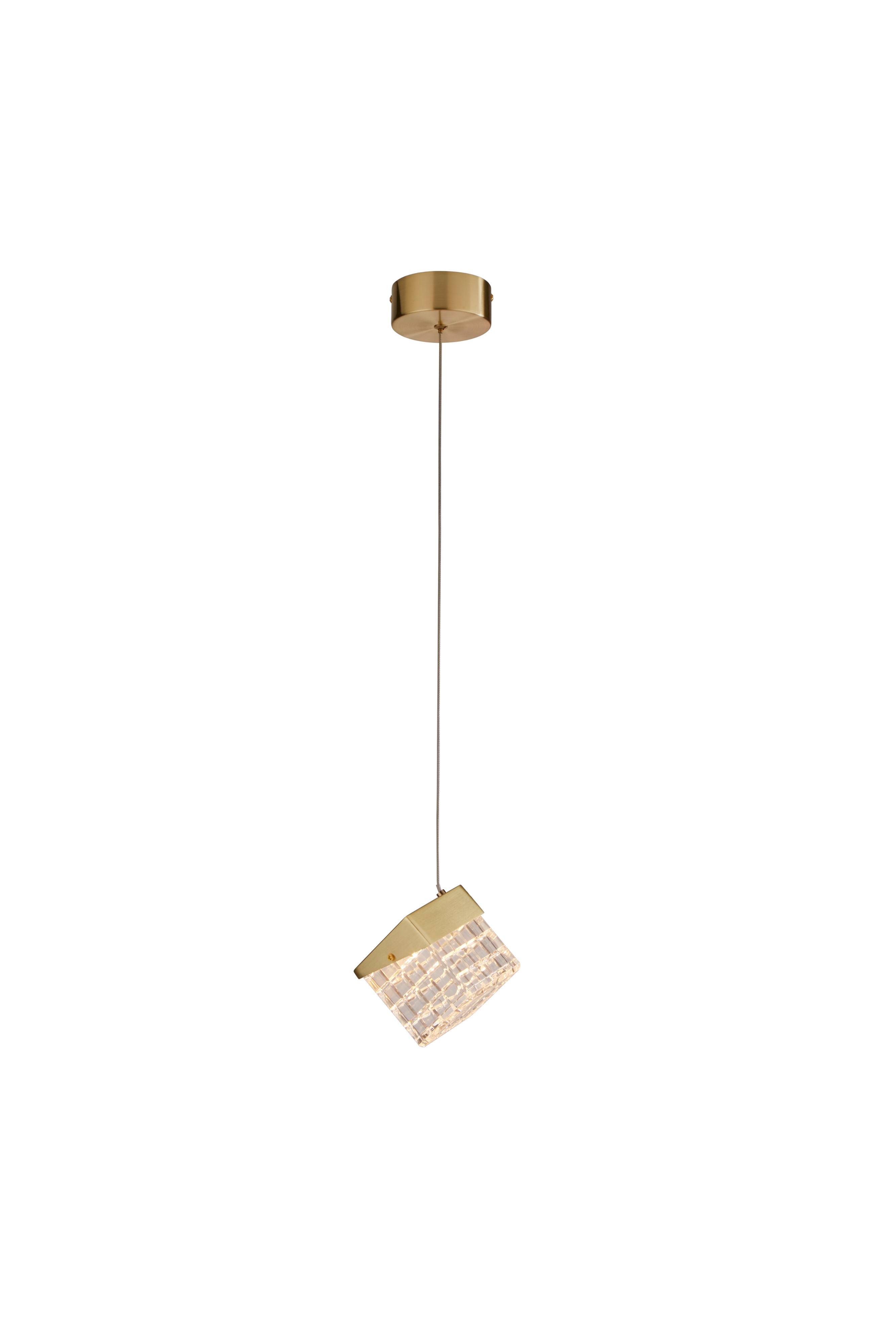 Searchlight Cuboid LED Pendant in satin brass, single fitting on a white background, showing the cube acrylic shade hung on a slim cable below a round ceiling cap