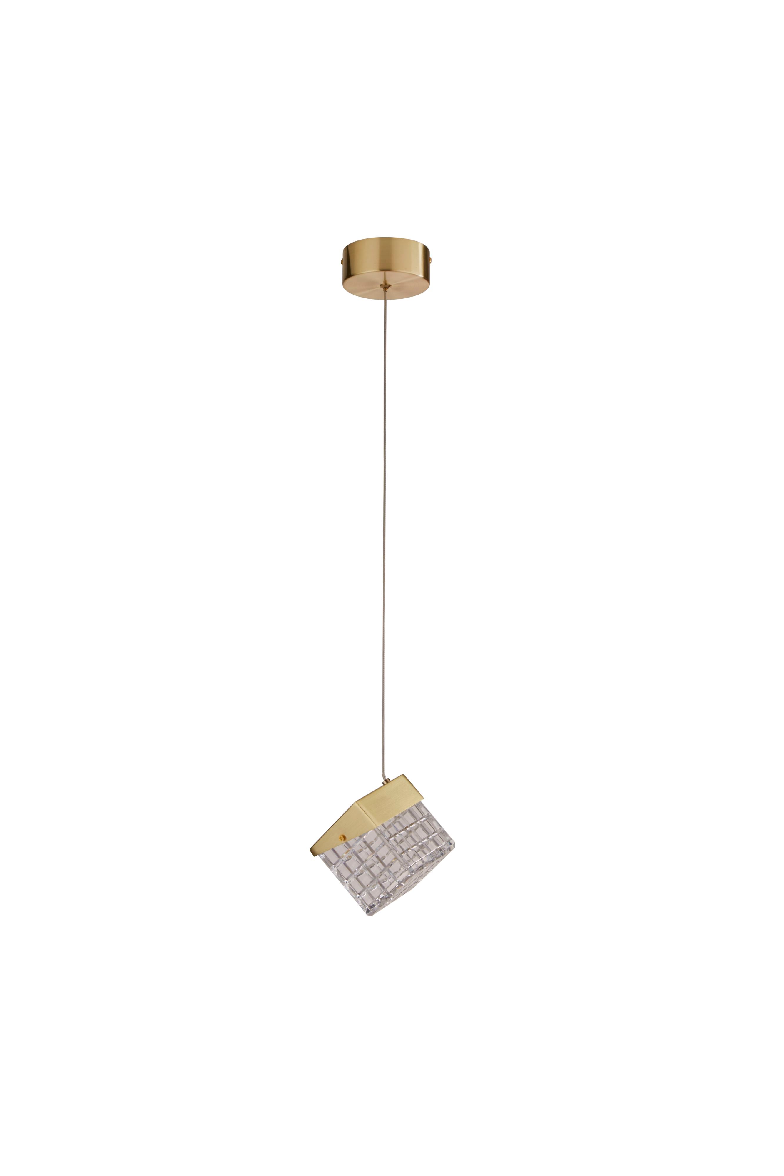 Searchlight Cuboid LED Pendant in satin brass, single fitting on a white background, front view of the lit cube shade