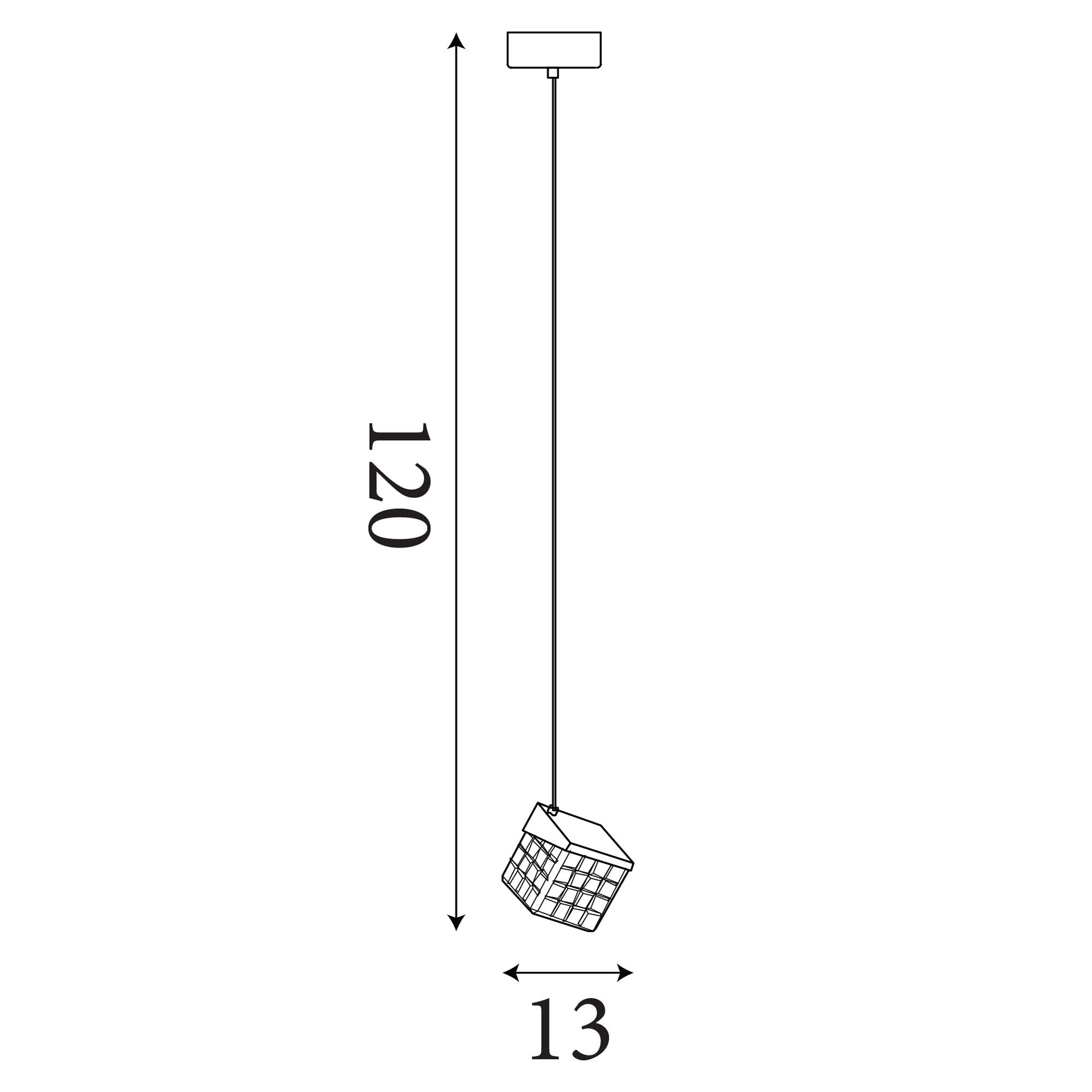 Technical line drawing of the Searchlight Cuboid LED Pendant showing a total height of 120cm and a width of 13cm