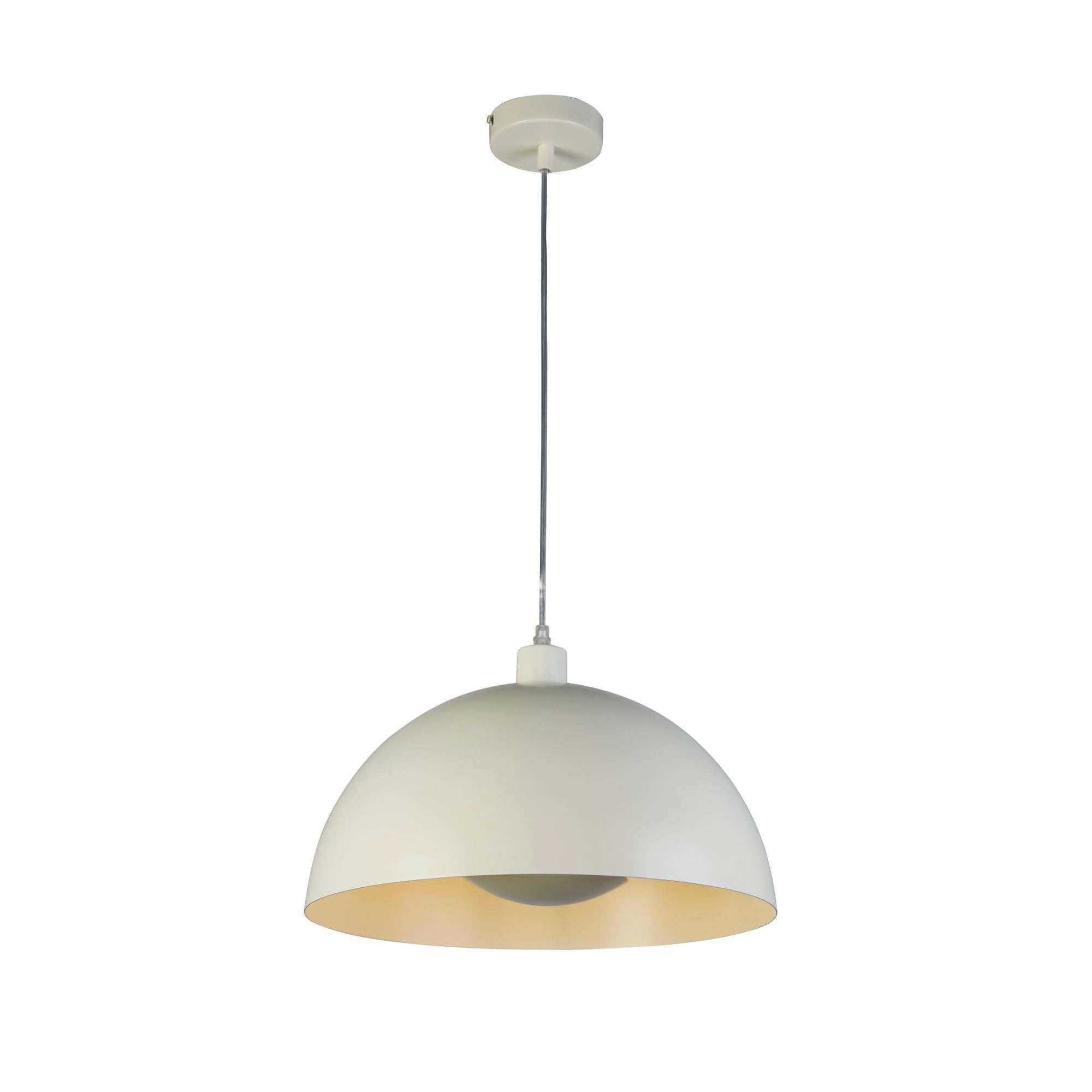 Searchlight Mars pendant in matt cream metal with a pale gold inner, full length studio shot showing the dome shade hung from a cream ceiling rose on a silver grey cord