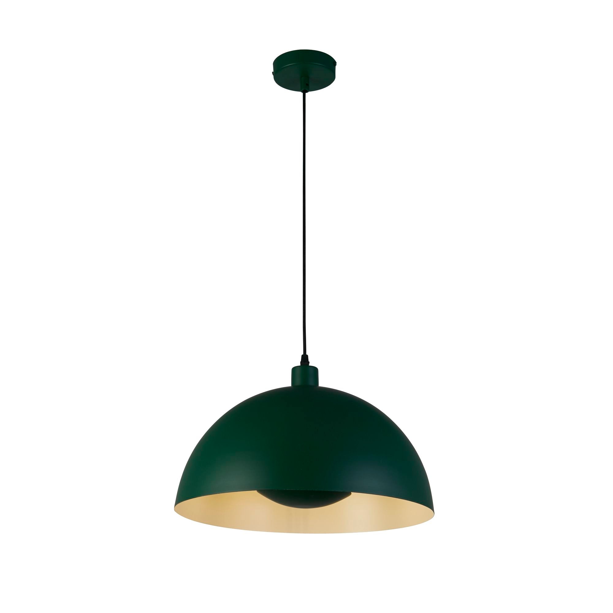 Searchlight Mars pendant in matt green metal with a gold inner, full length studio shot showing the dome shade on a black cord and green ceiling rose