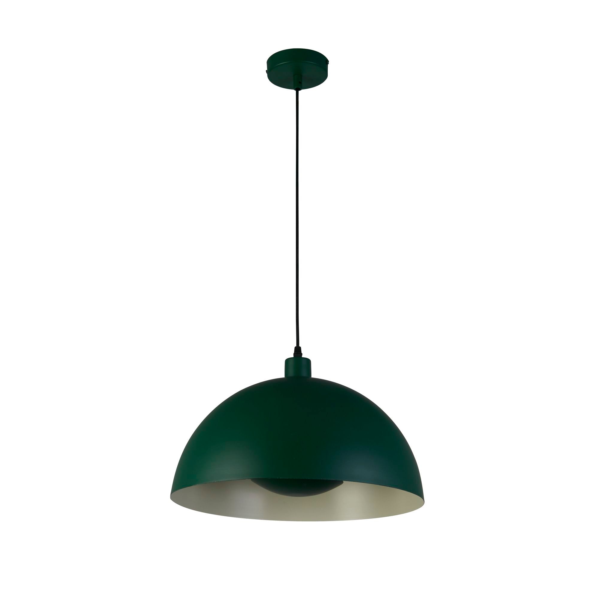 Searchlight Mars pendant in matt green metal, side on studio shot showing the rounded dome shade