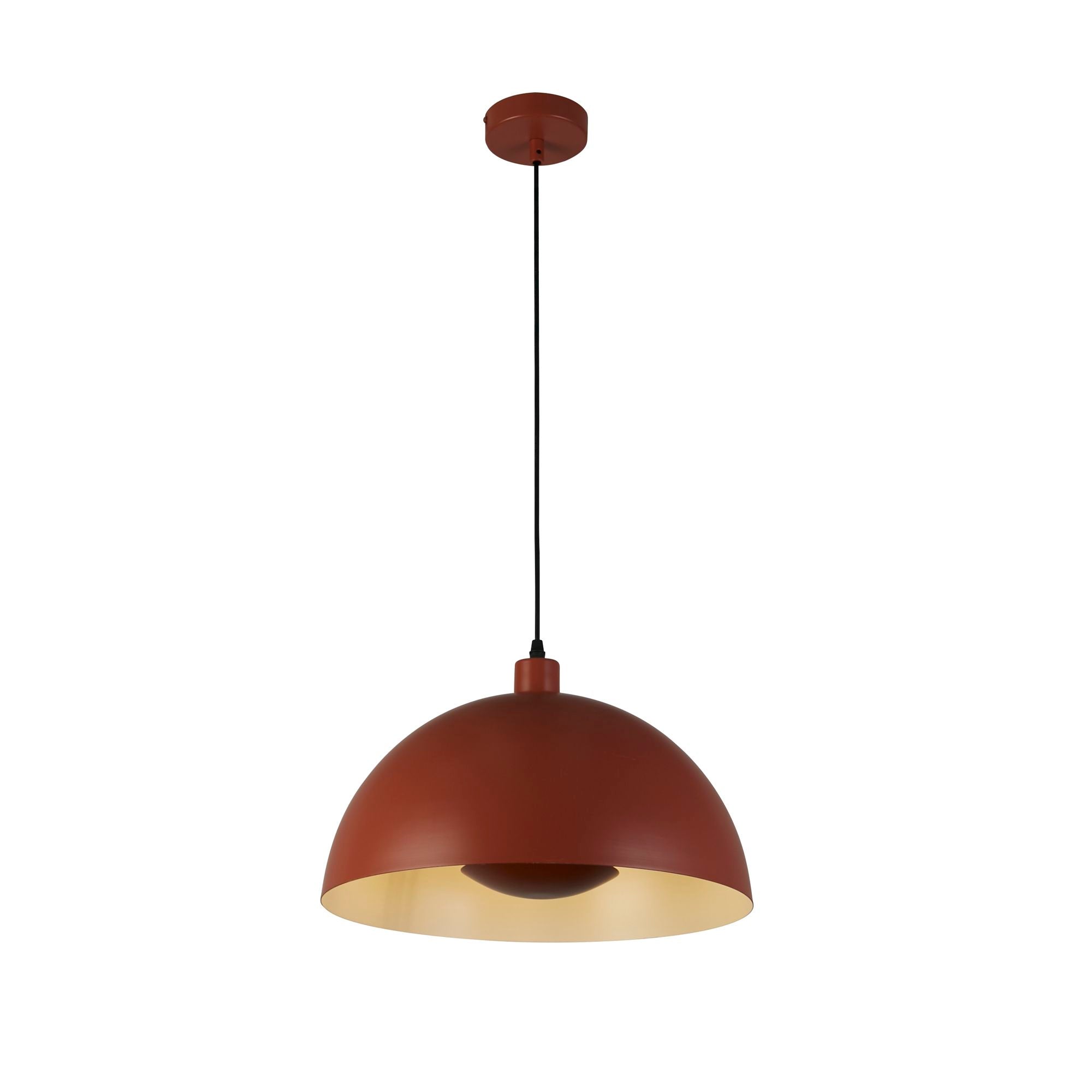 Searchlight Mars pendant in burnt orange metal with a gold inner, full length studio shot showing the dome shade on a black cord and orange ceiling rose