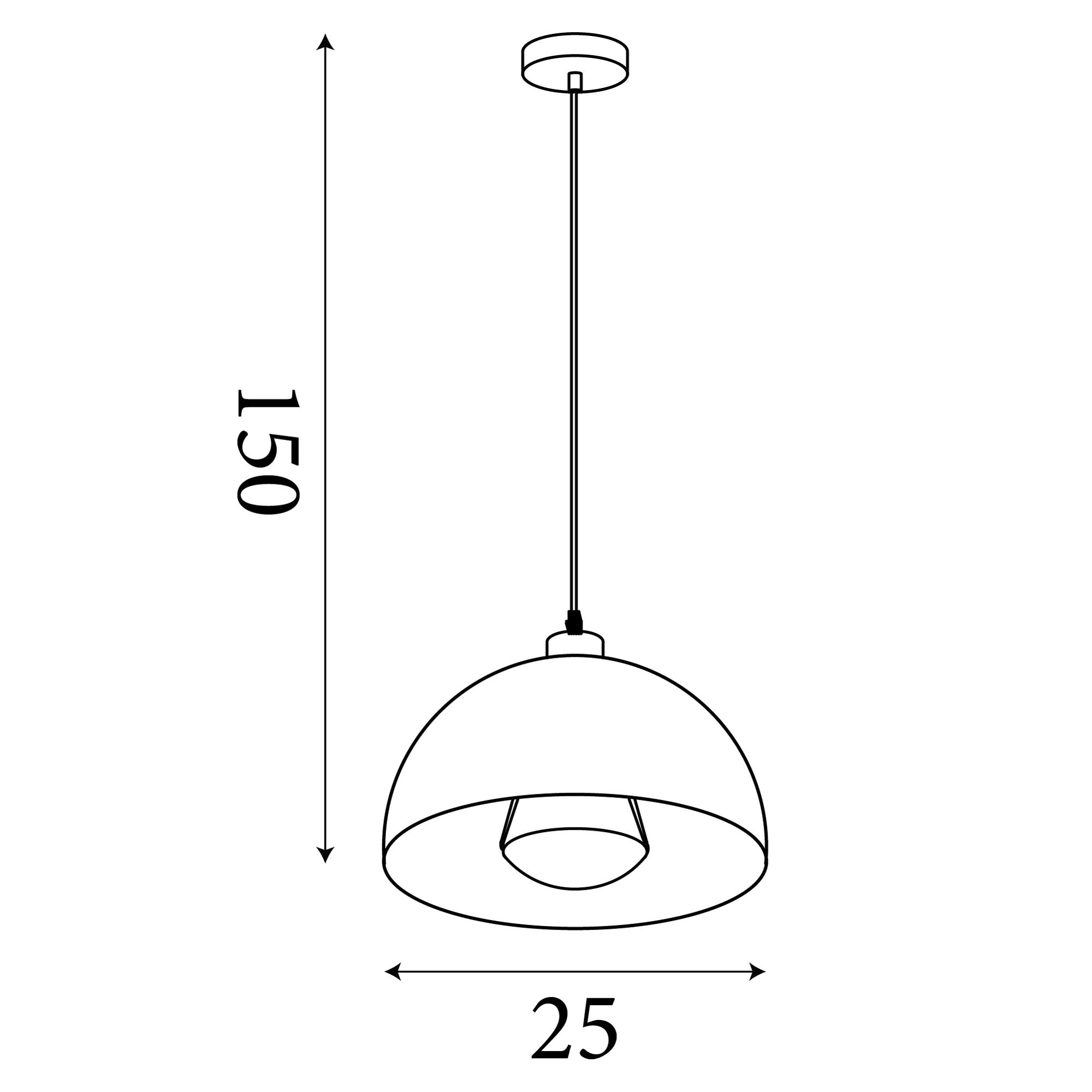 Technical line drawing of the Searchlight Mars pendant showing a 25cm diameter dome shade and a maximum total drop of 150cm