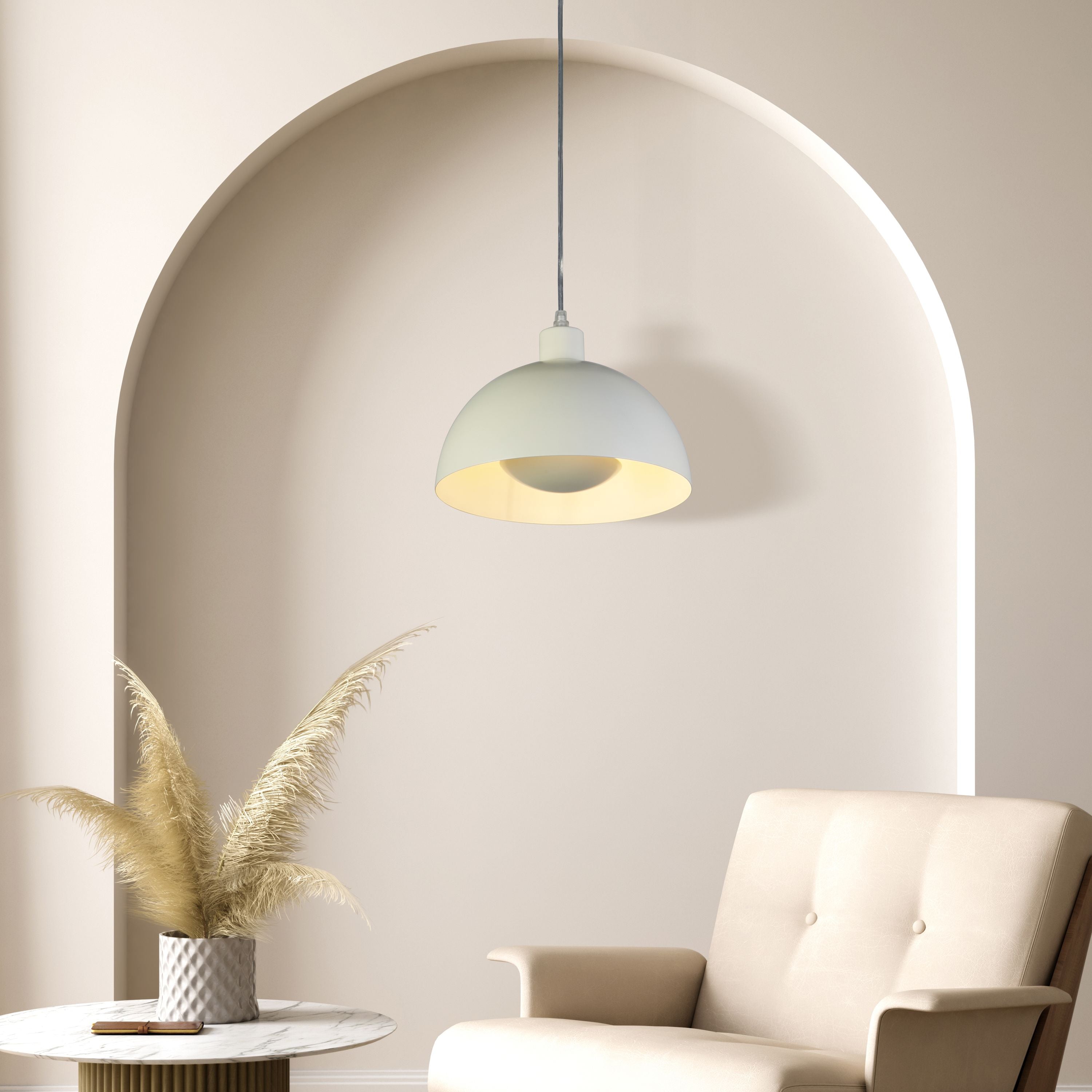 Searchlight Mars pendant in matt cream metal styled in a living room, hung within an arched alcove above an armchair and side table