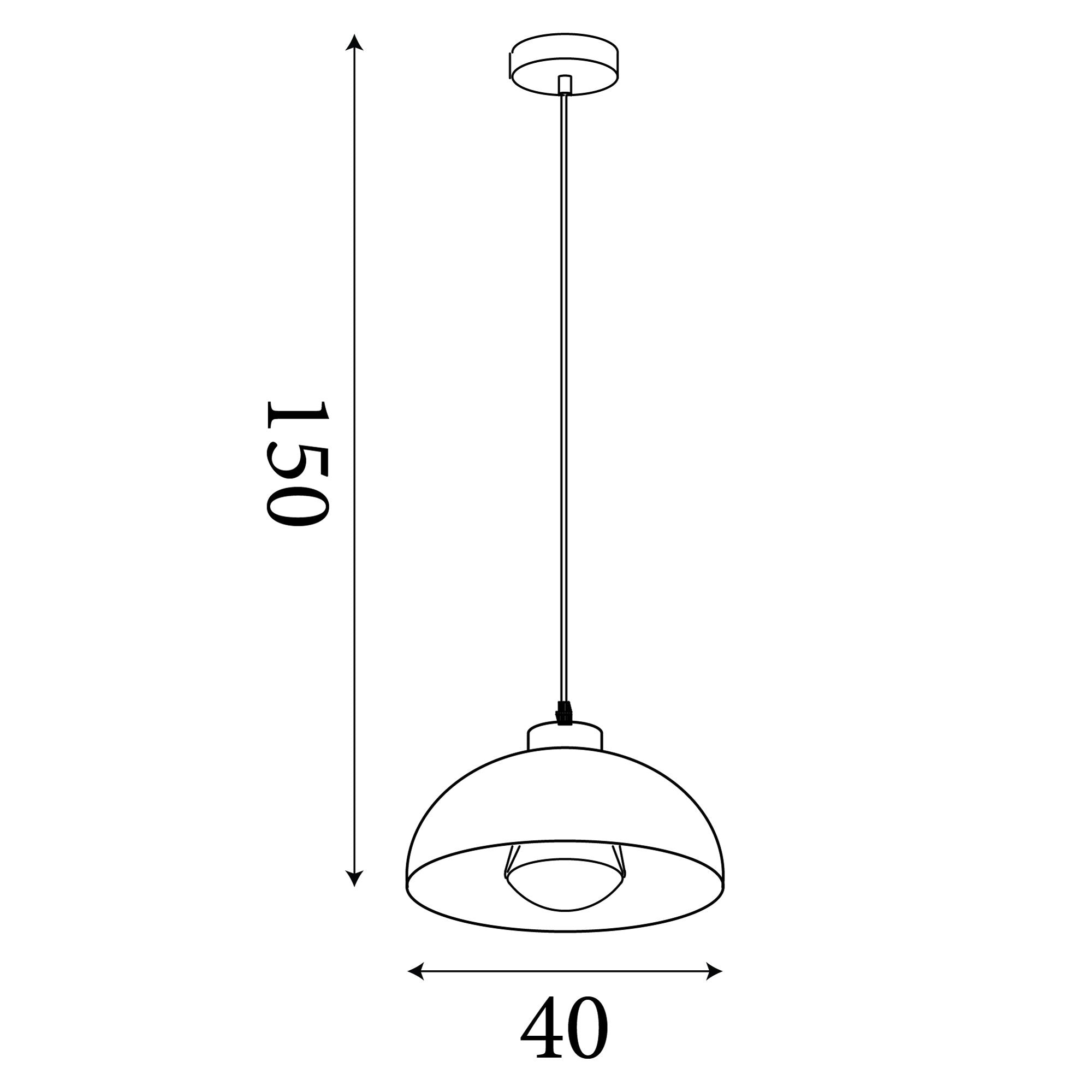 Technical line drawing of the Searchlight Mars pendant showing a 40cm diameter dome shade and a maximum total drop of 150cm