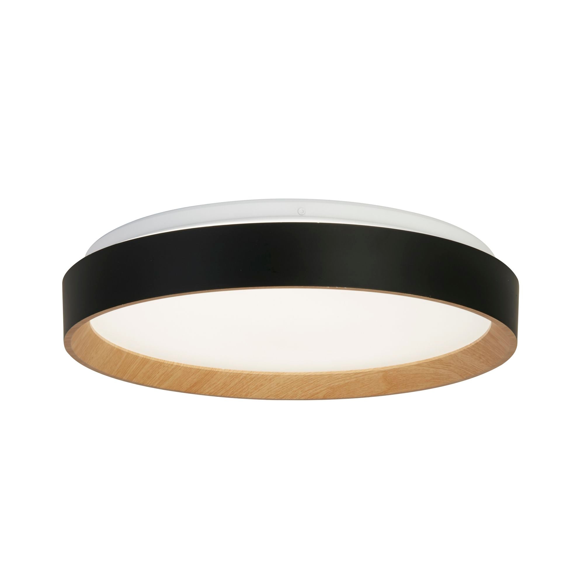 Searchlight Sorrento LED flush ceiling light in black with a wood effect trim, angled studio shot with the light on