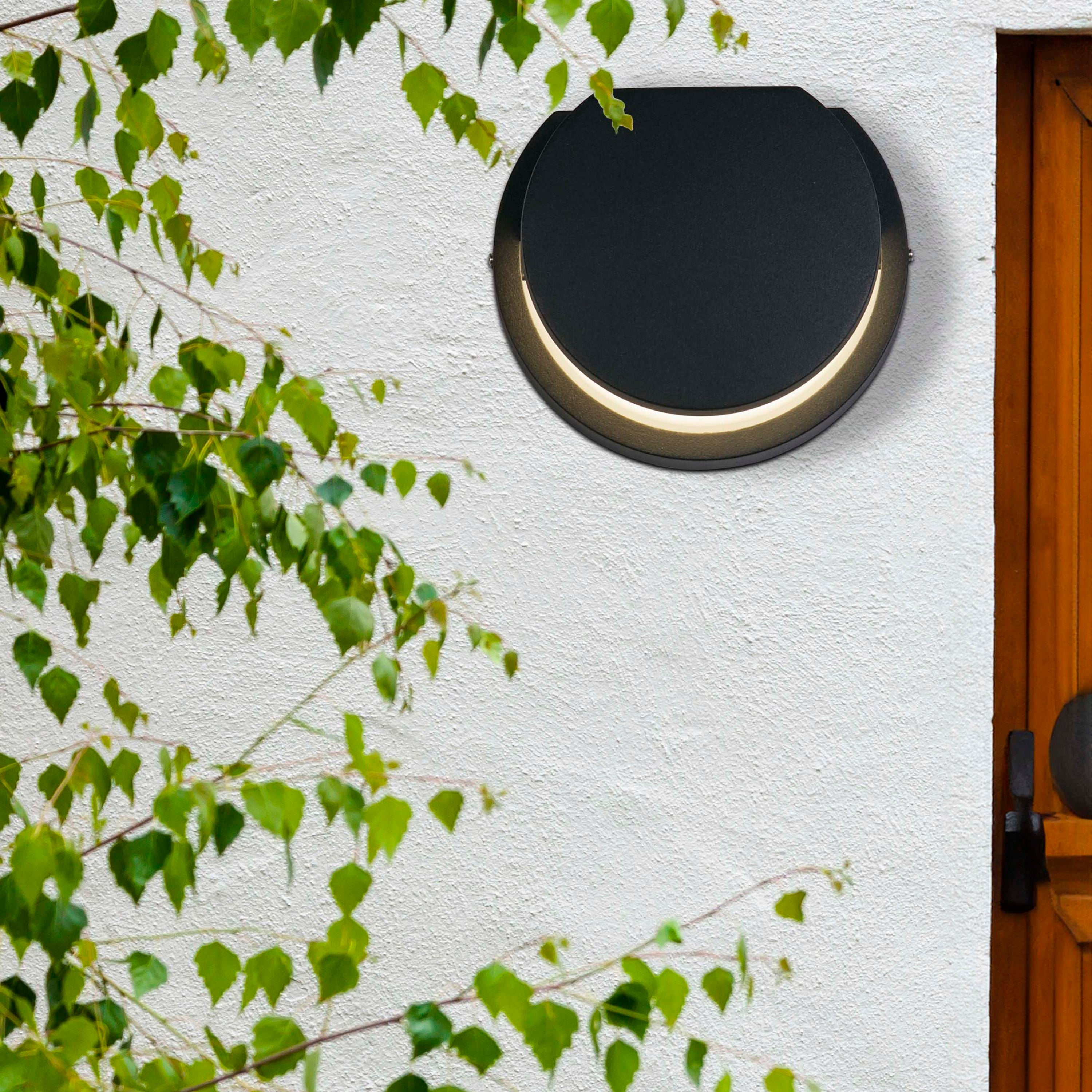 Searchlight Chiswick LED outdoor wall light installed on a white rendered exterior wall beside a wooden door, lit warm white beneath green foliage