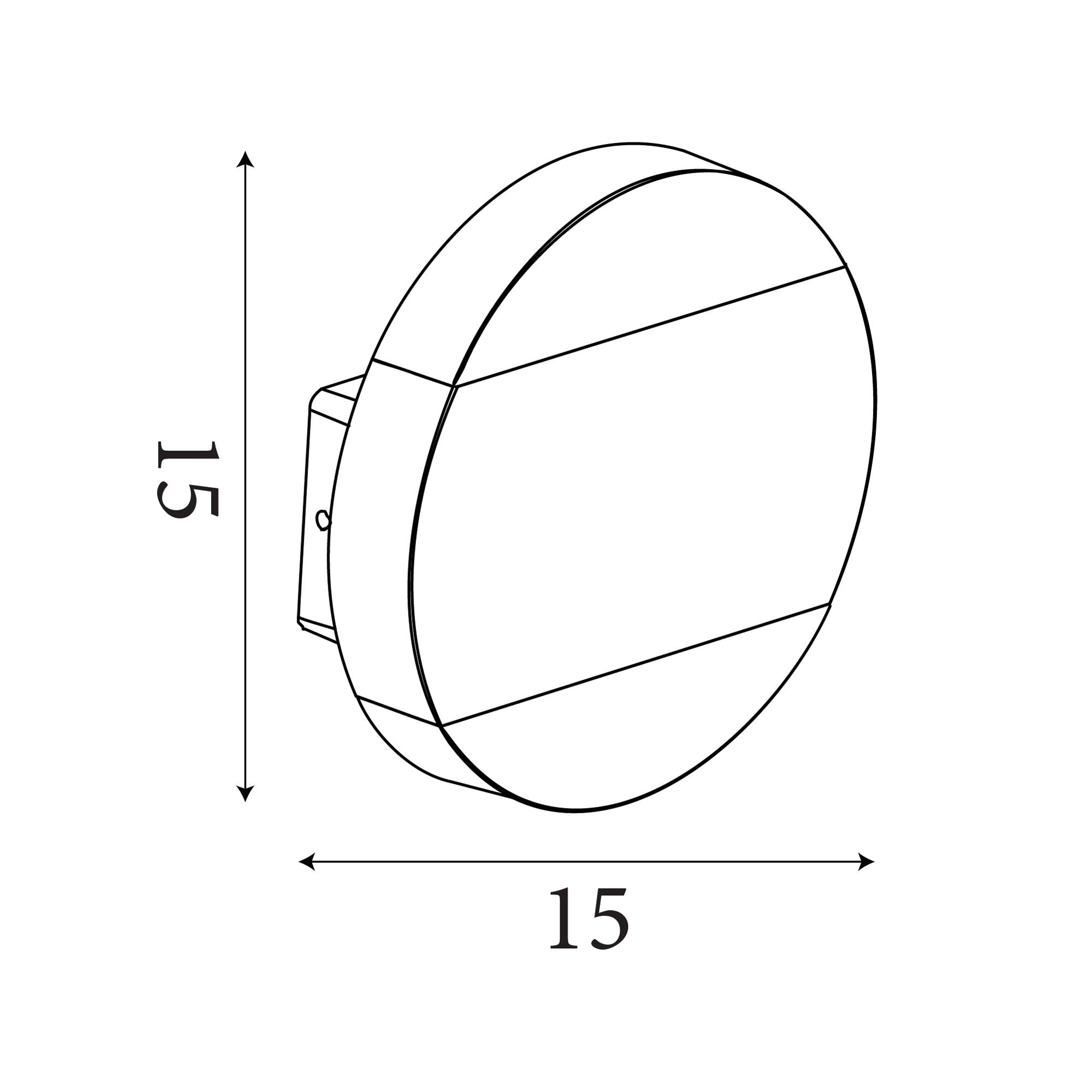 Technical line drawing of the Searchlight Cavern LED outdoor wall light showing dimensions of 15cm high by 15cm wide