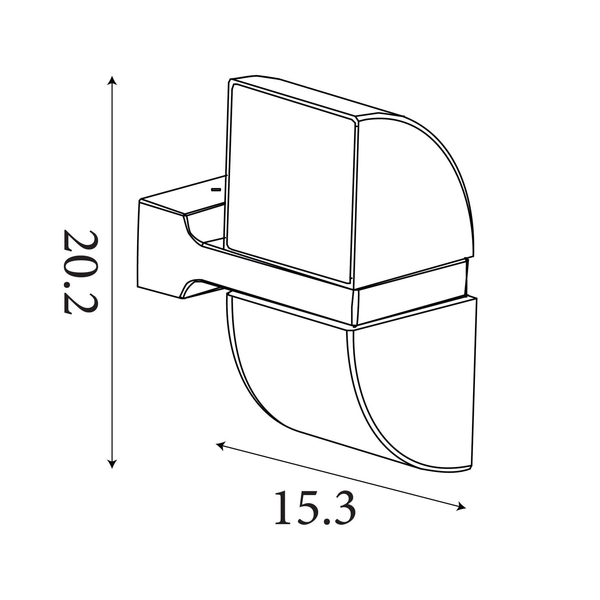Technical drawing of the Dakota outdoor wall light showing 20.2cm height and 15.3cm width