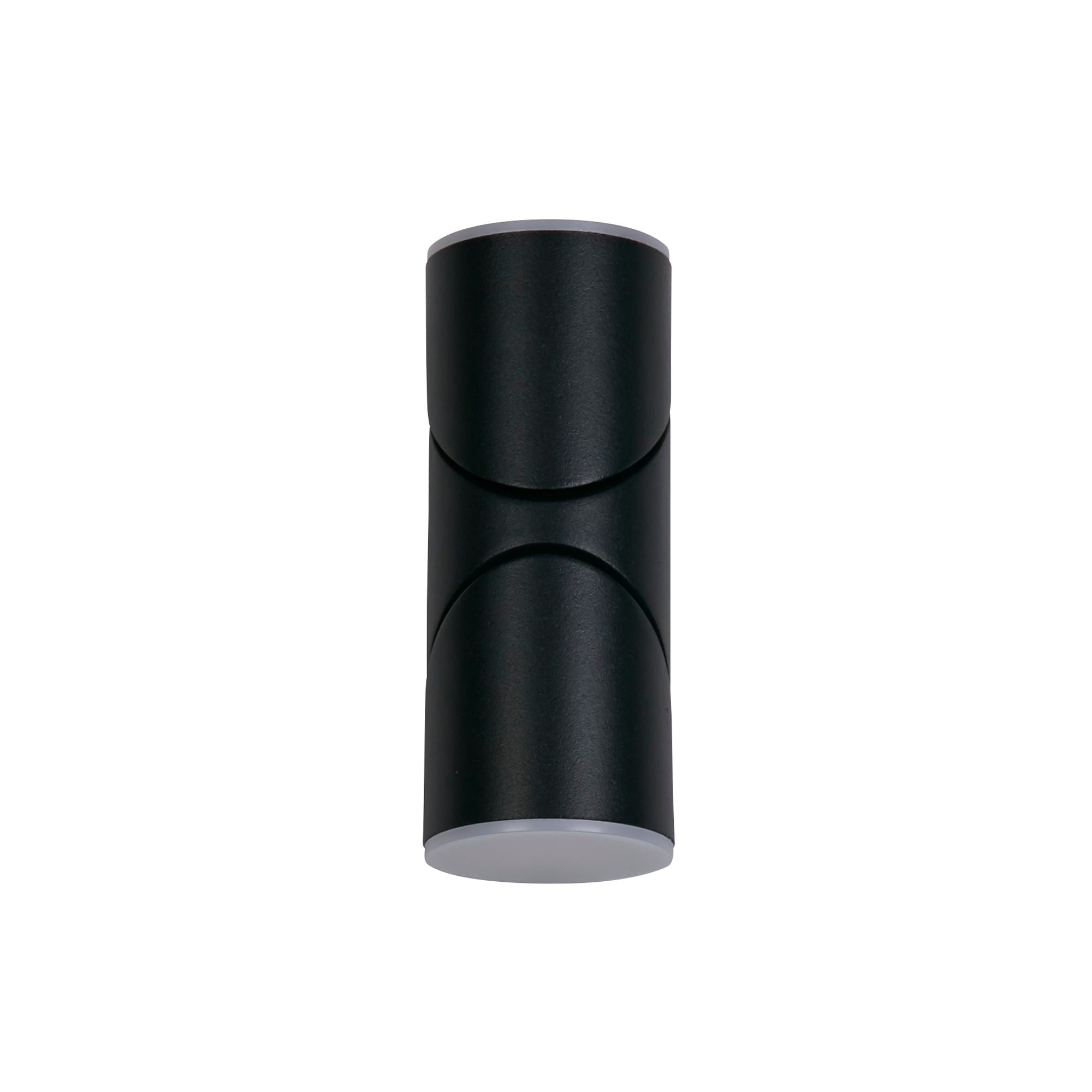 Straight on view of the Soho black outdoor wall light showing its rounded cylinder shape