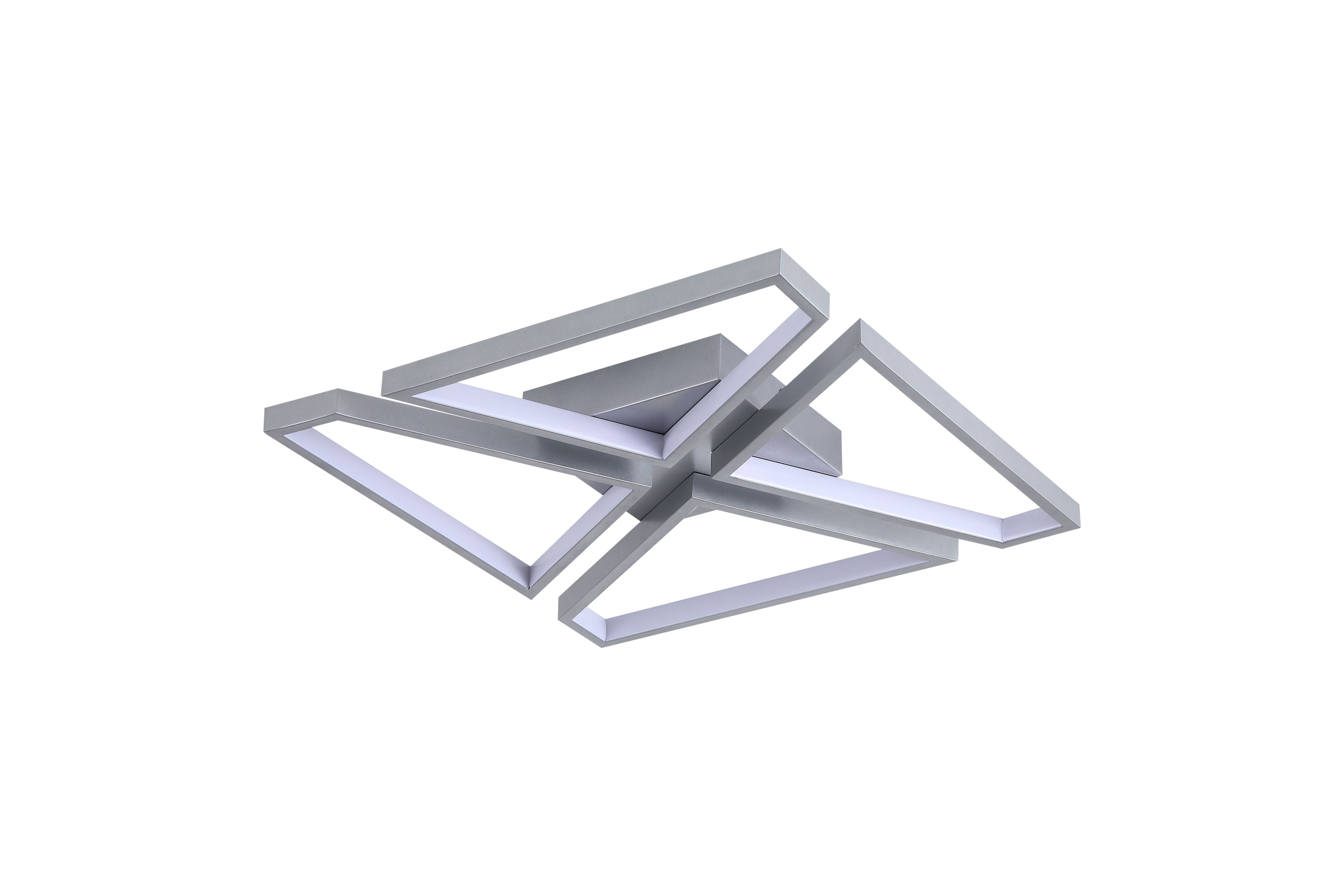 Searchlight Quatro LED Flush ceiling light in satin silver, angled view showing the crossing frames lit with a cool white glow on a plain white background