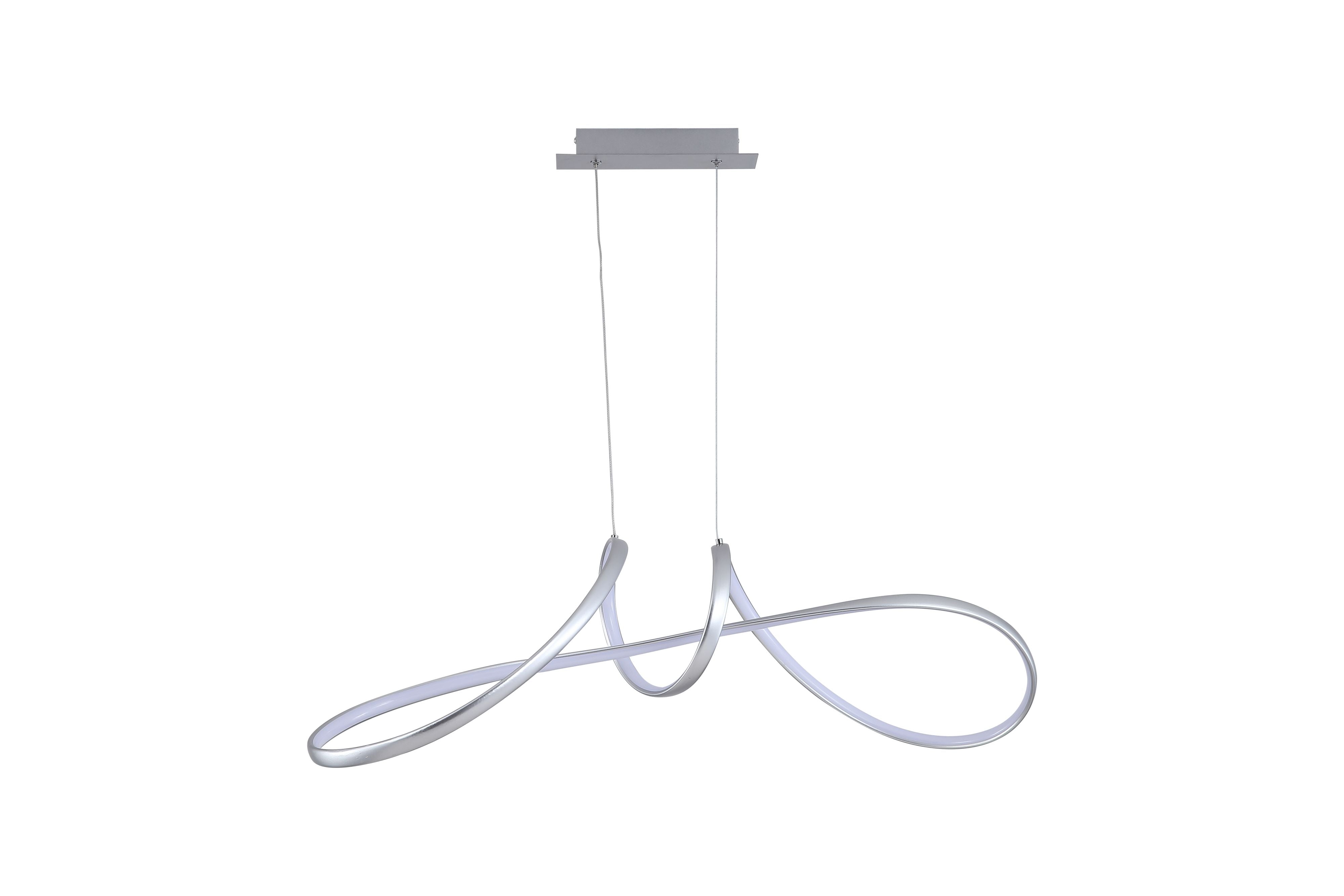 Searchlight Maisie LED Pendant in grey, studio shot on a white background showing the looped ribbon illuminated in warm white light