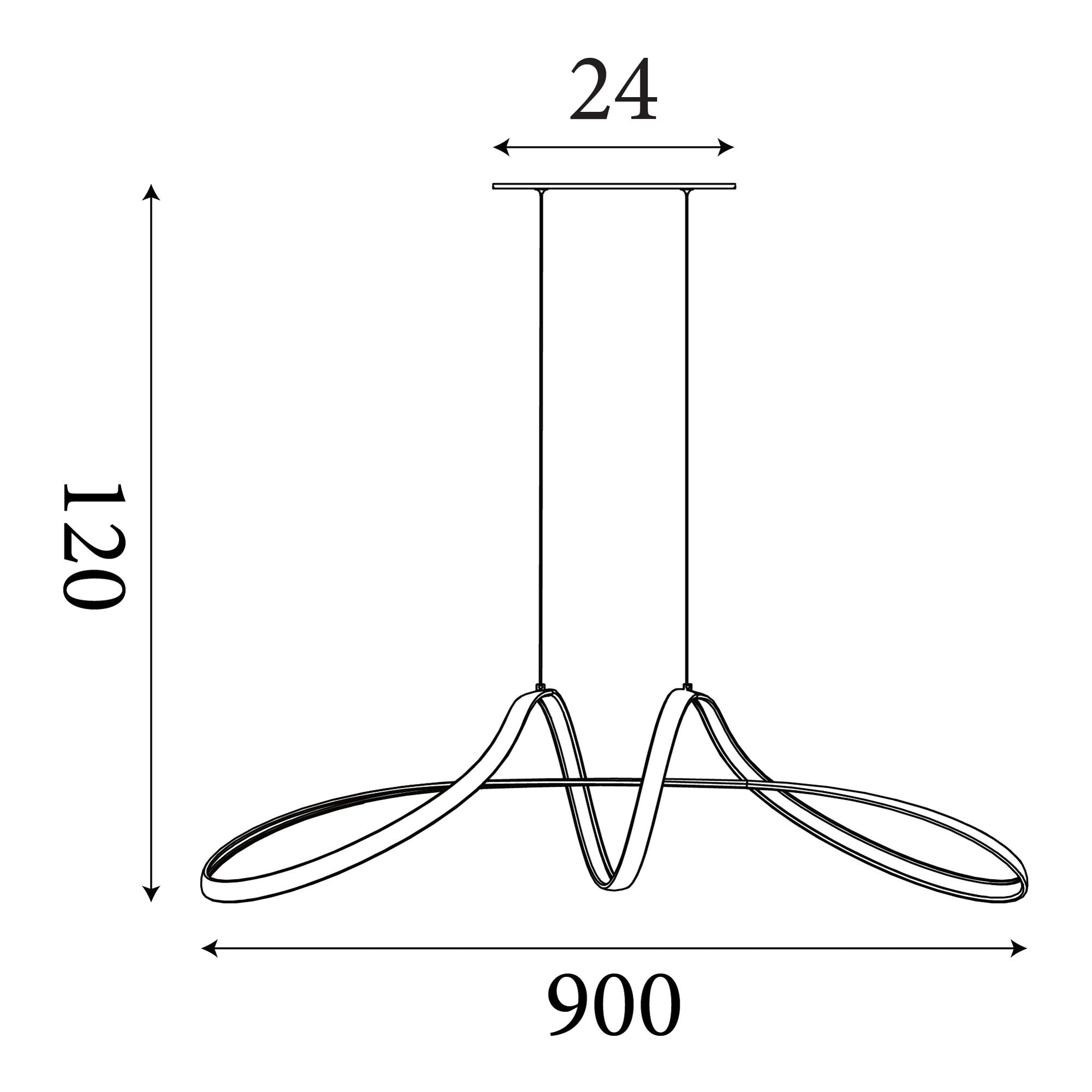 Technical line drawing of the Maisie LED Pendant showing a 24cm ceiling bar, 90cm drop width and 120cm maximum height