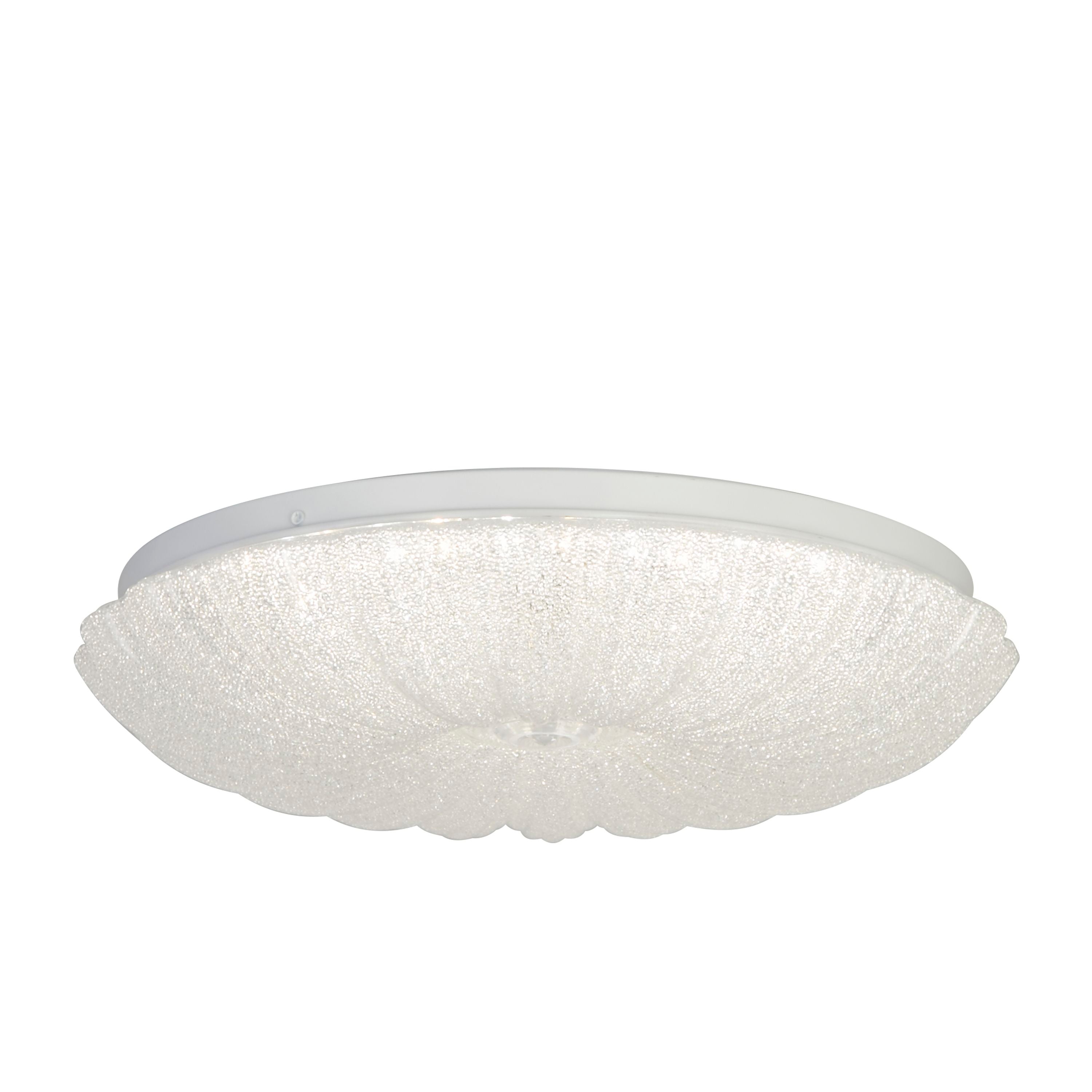 Searchlight Pandora LED flush ceiling light, angled studio shot showing the crystallised clear acrylic shade with white trim