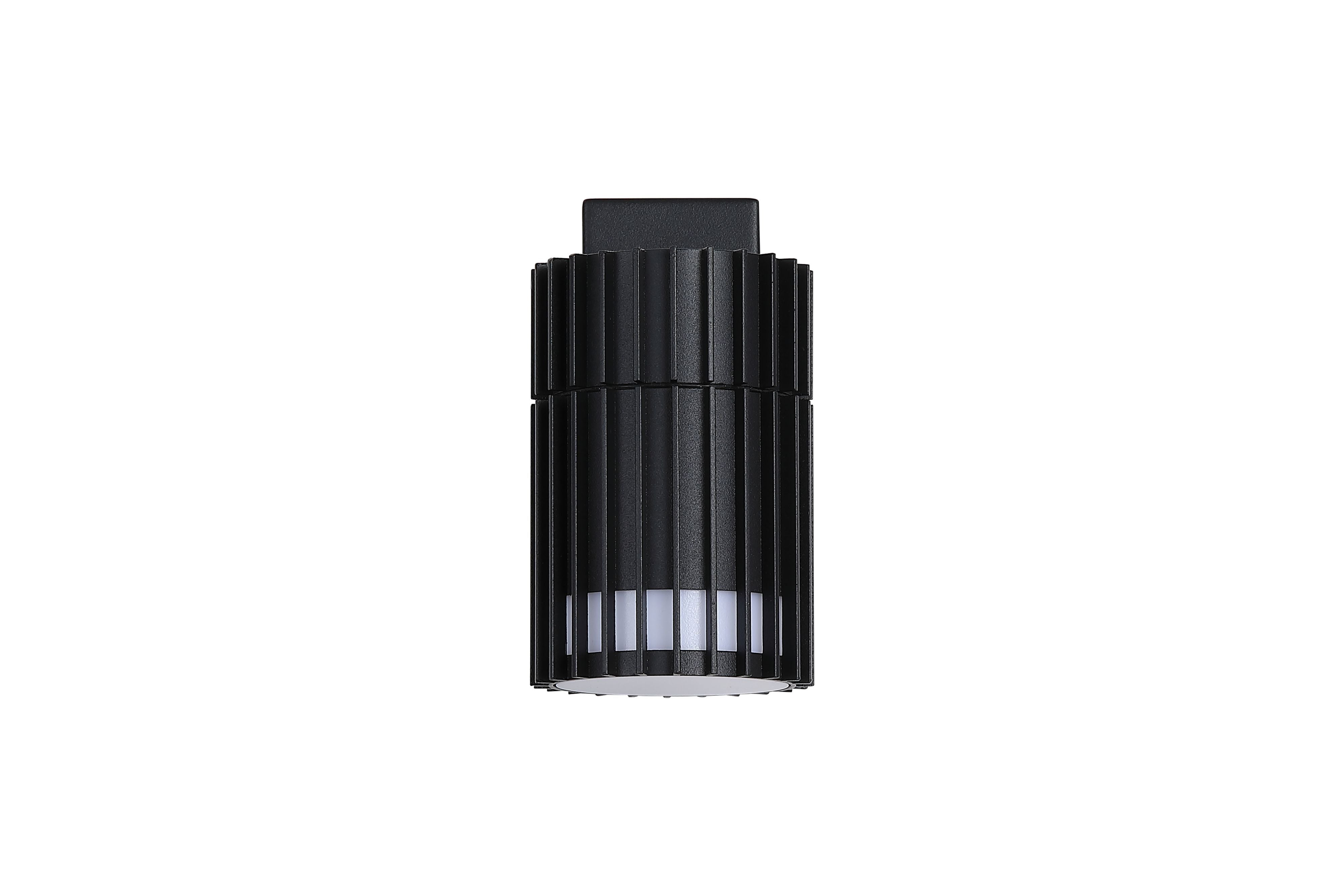 Detroit Outdoor Wall Light in matt black, alternate front view showing the fin detailing and lit slats at the base.