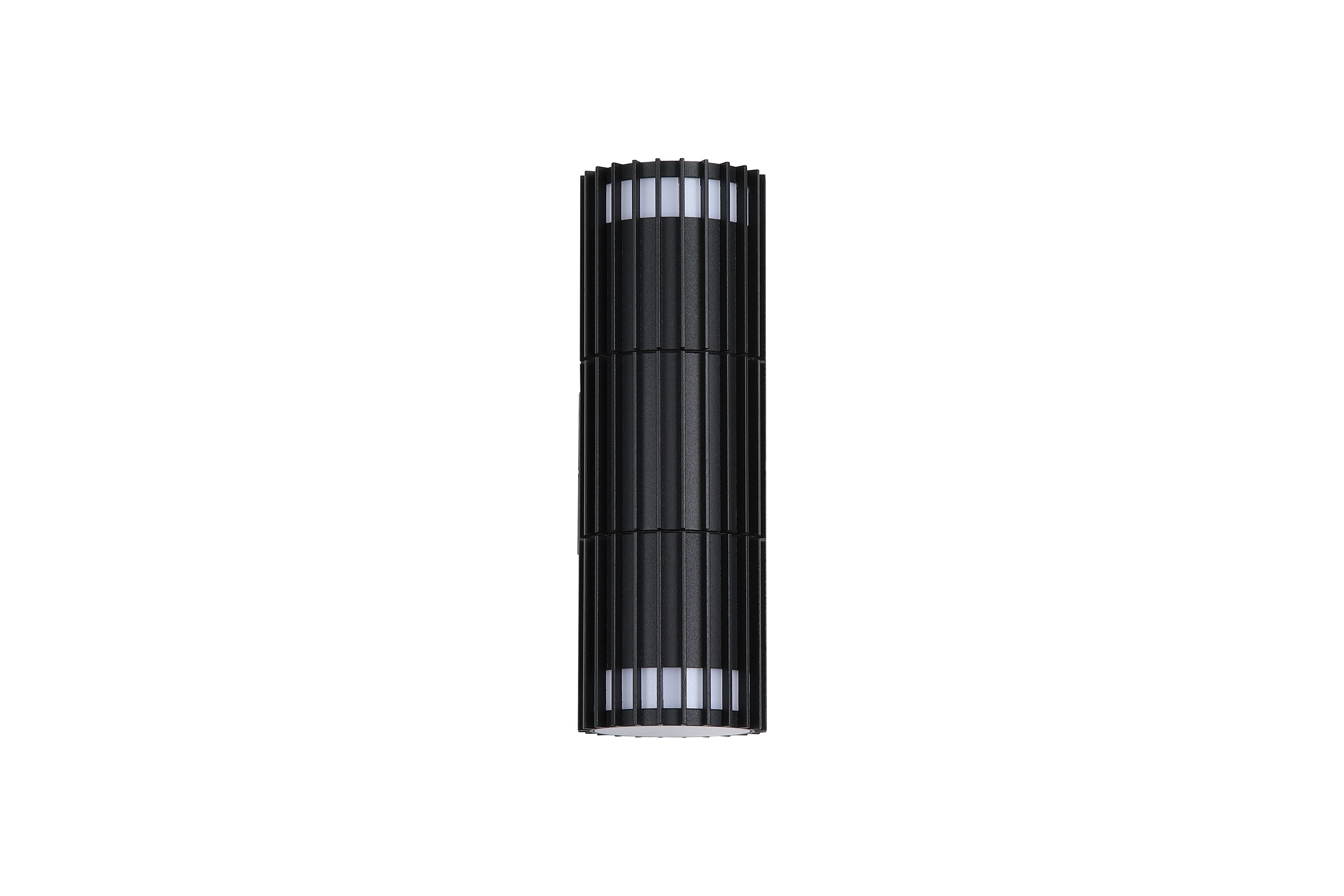 Searchlight Detroit black outdoor wall light, front view on a white background, showing the ribbed fin shade with light glowing through the top and bottom vents - view 2
