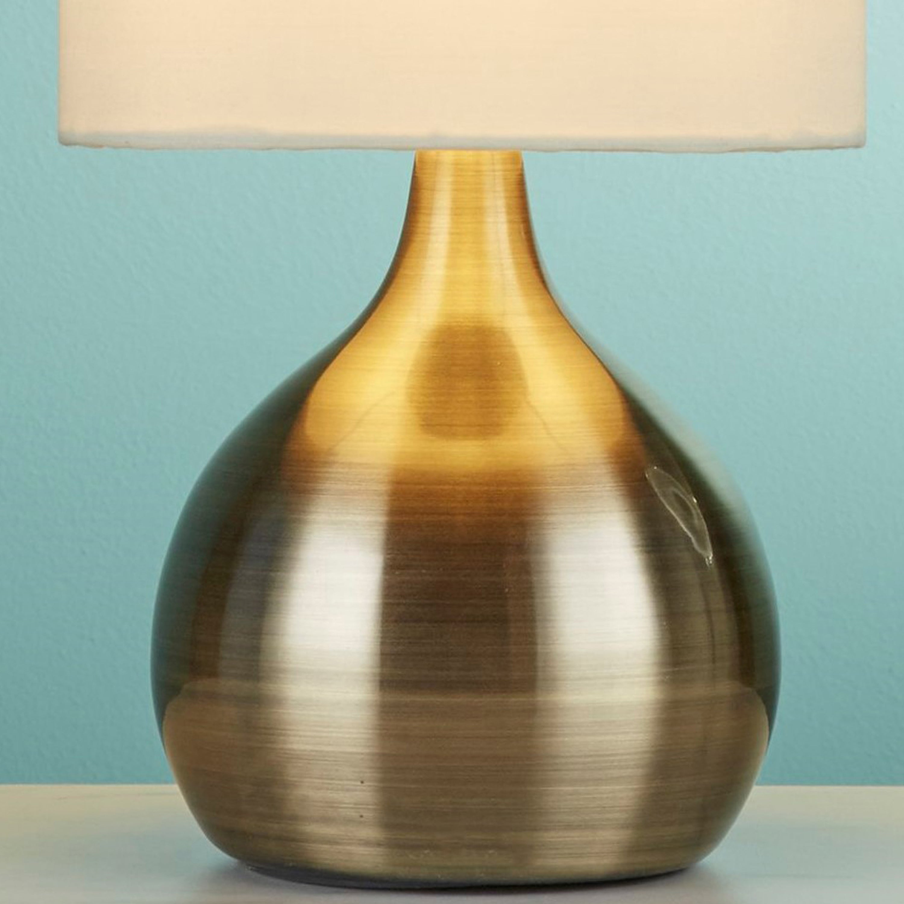 Searchlight Touch Table Lamp, Antique Brass Base, White Drum Shade