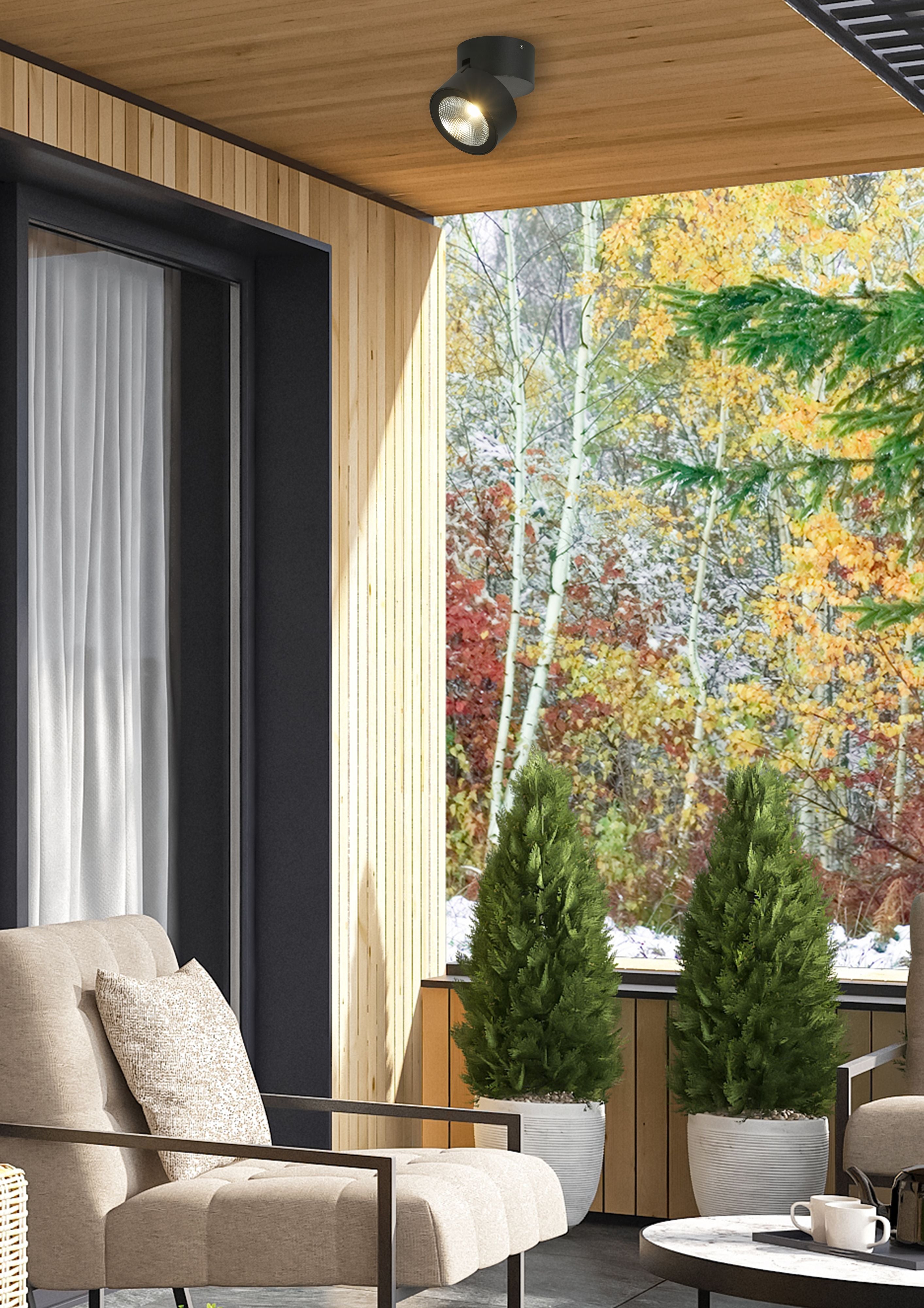 Lifestyle photo of the Manhattan black spotlight mounted on a wooden porch ceiling, aimed down over a seating area, with an autumn forest visible beyond the glazing