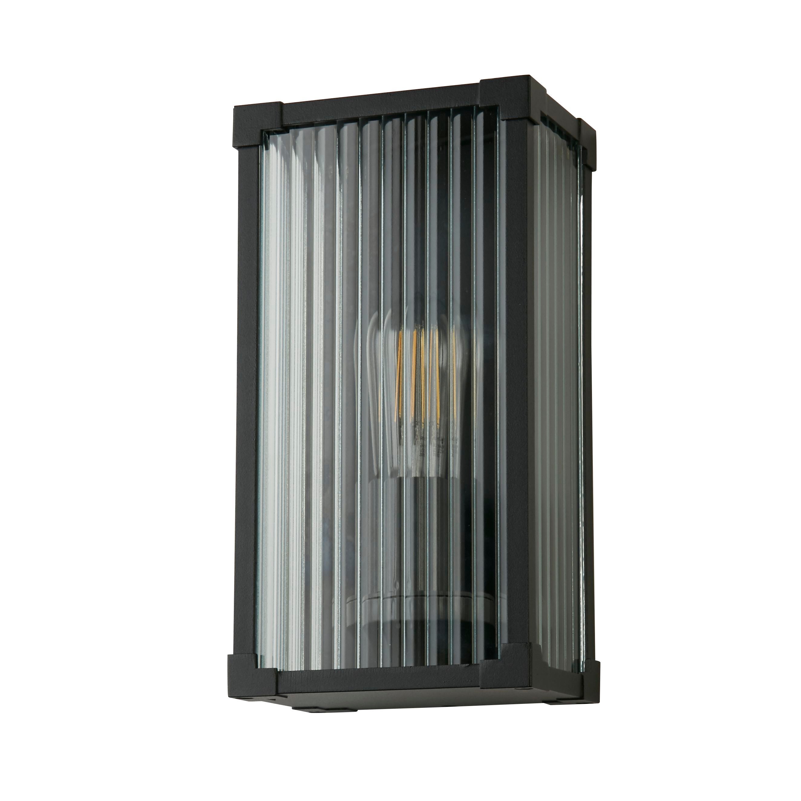 Searchlight Cincinnati outdoor wall light in matt black aluminium with clear ribbed glass, front angled studio shot with bulb lit