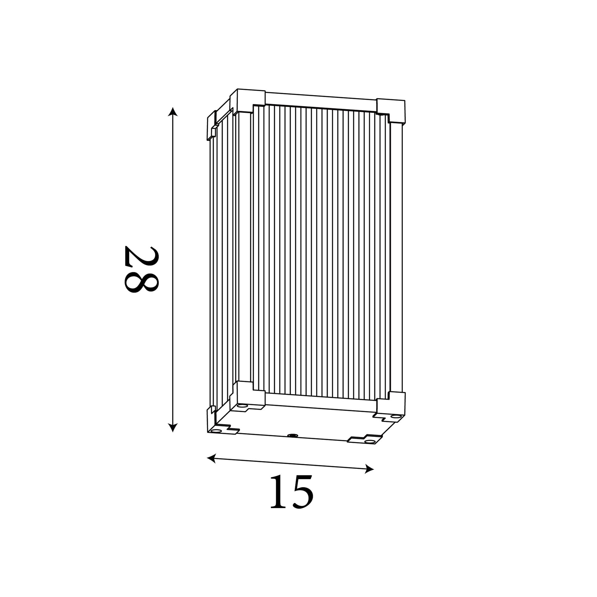 Line drawing showing the Cincinnati wall light dimensions, 28cm high by 15cm wide