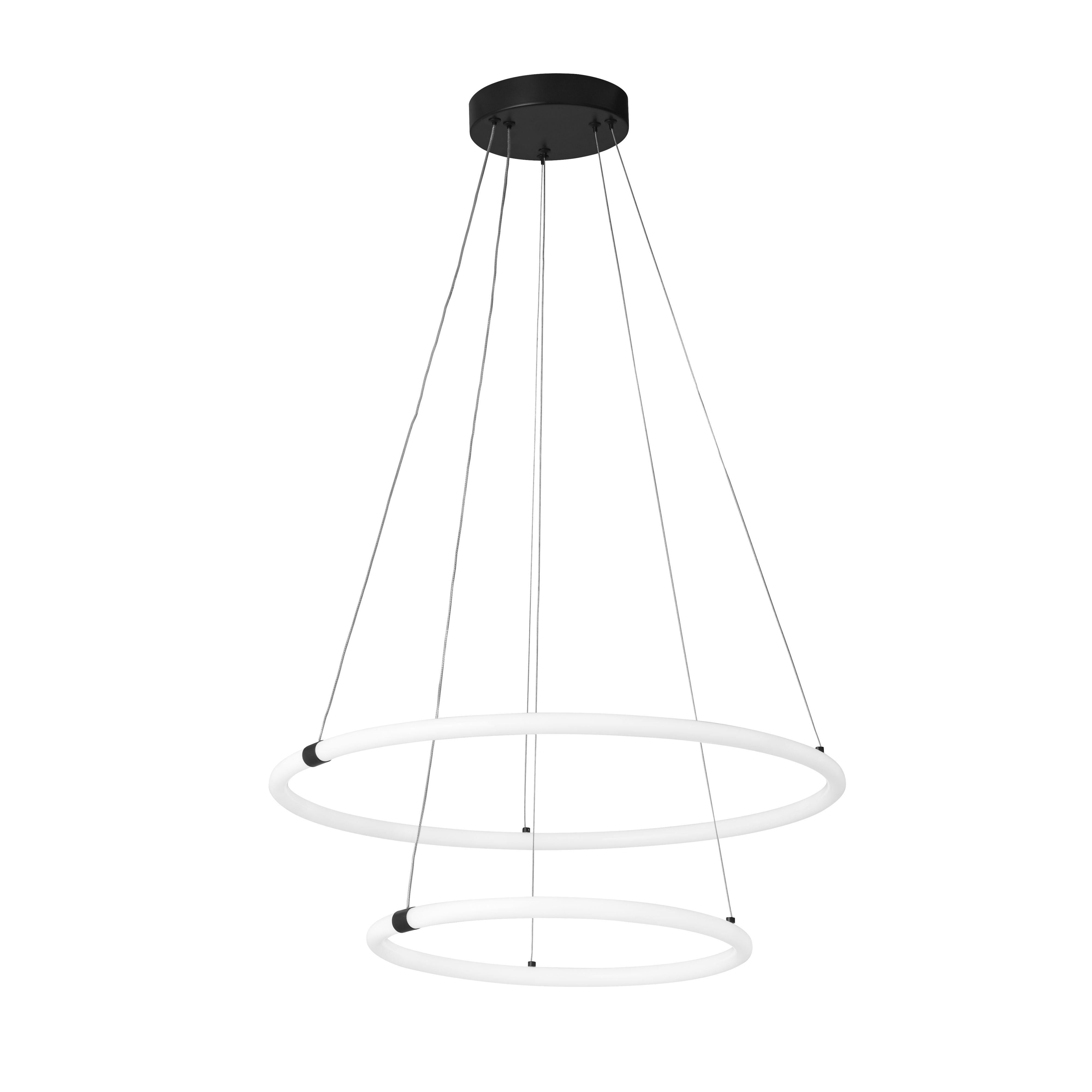 Searchlight Revolve 2 light ring pendant in black and opal, studio shot of both illuminated rings suspended on thin cables from a round black ceiling plate