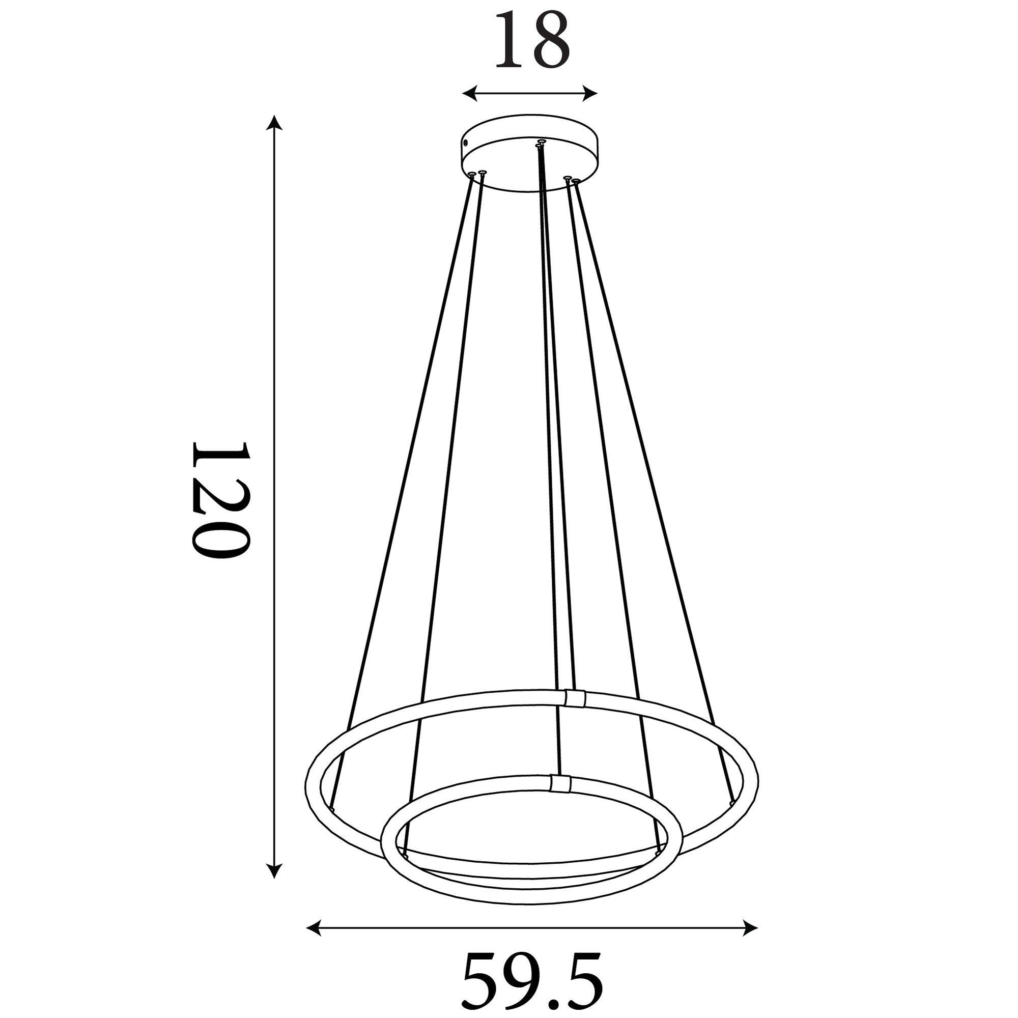 Technical line drawing of the Searchlight Revolve 2 light ring pendant showing a ring width of 59.5cm, a maximum drop of 120cm, and an 18cm ceiling plate