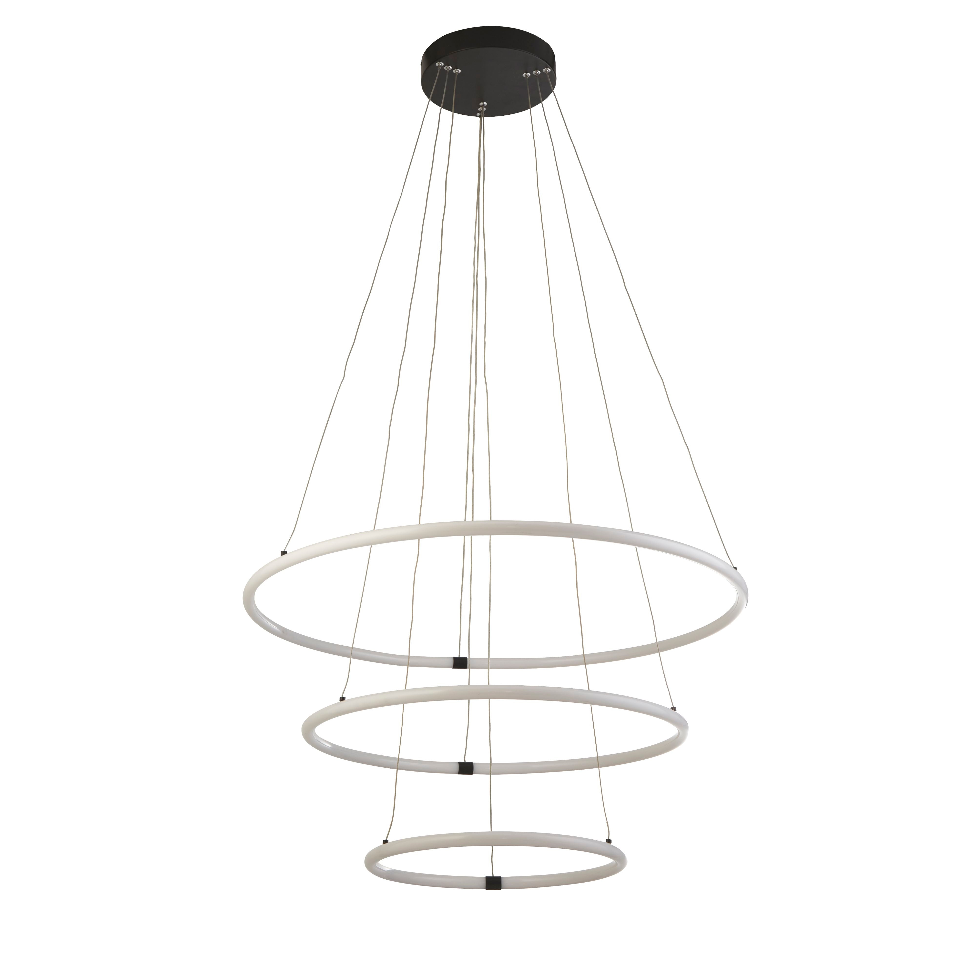 Searchlight Revolve 3 light ring pendant, alternate angle showing the three opal rings and black ceiling plate