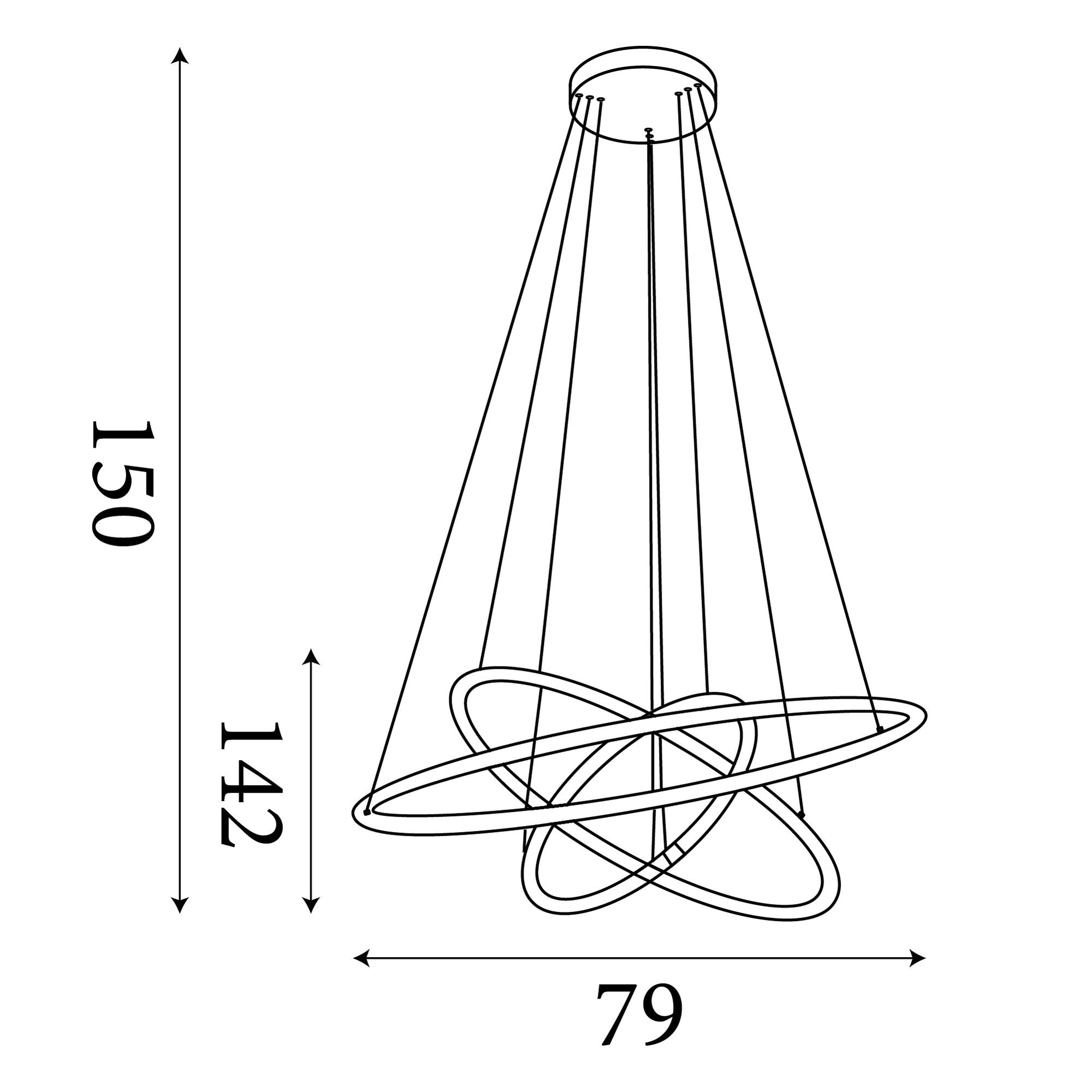 Technical line drawing of the Searchlight Revolve 3 light ring pendant showing a maximum drop of 150cm, a ring cluster height of 142cm, and a width of 79cm