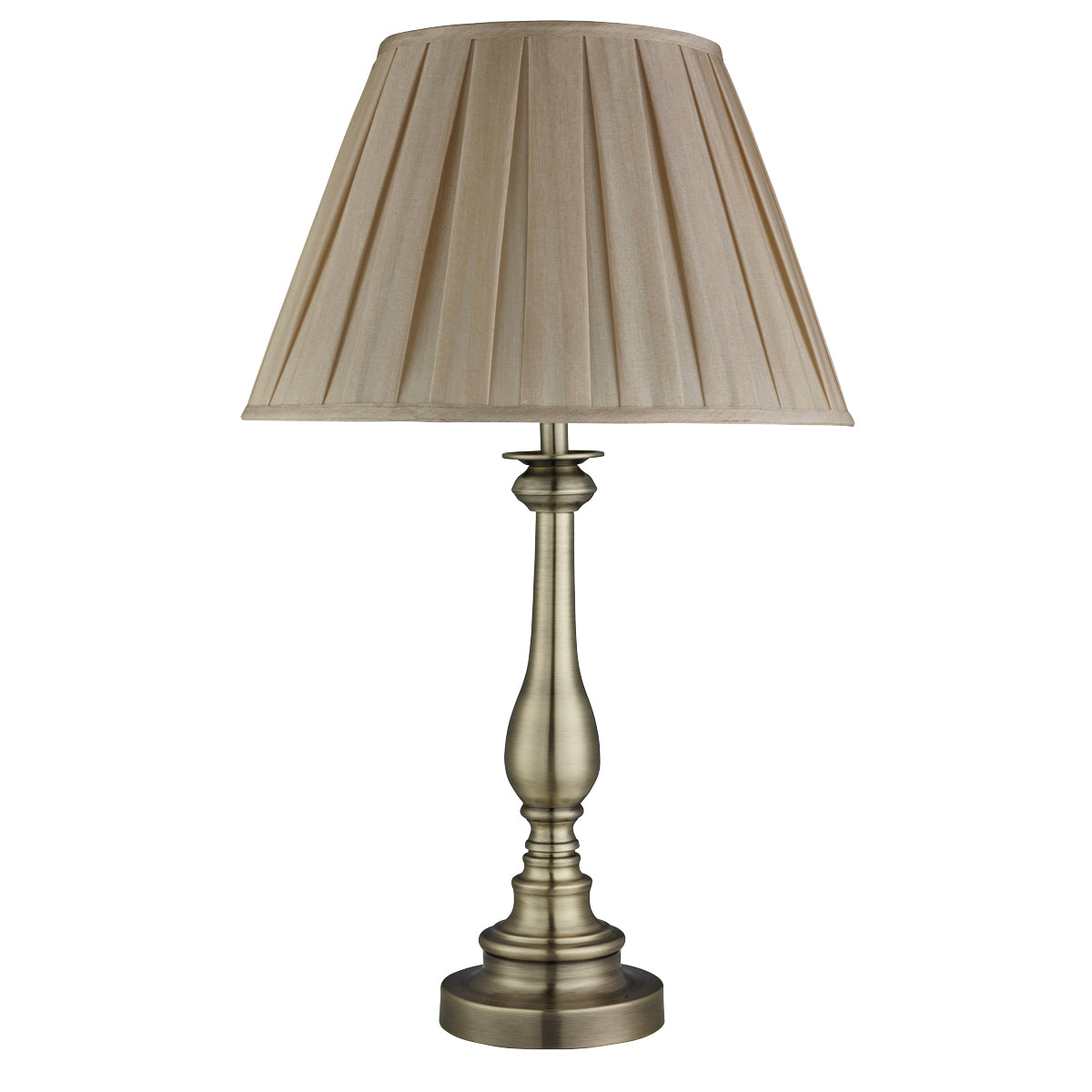 Searchlight Fearnside Table Lamp, Spindle Base, Antique Brass, Mink Pleated Shade
