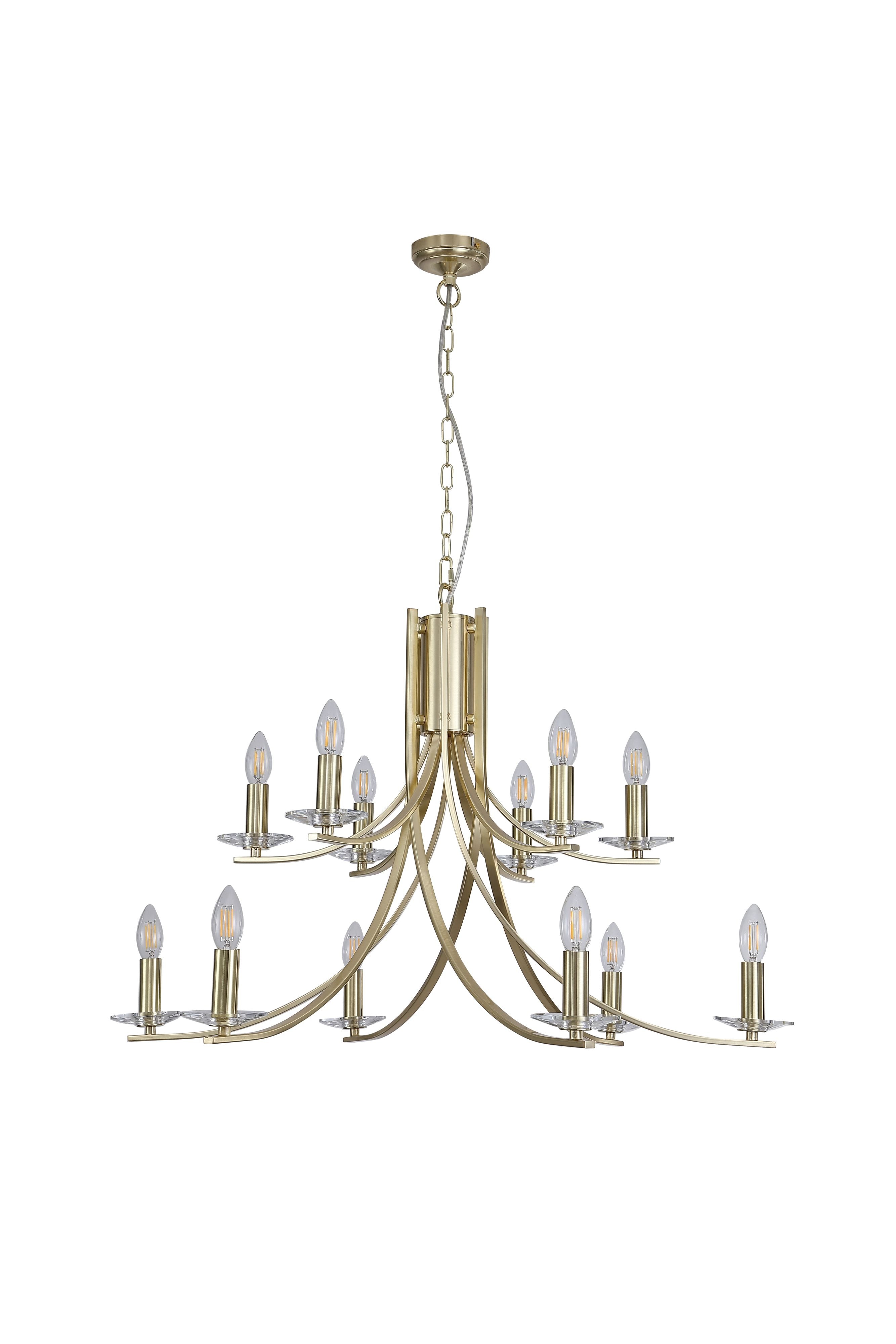 Searchlight Ascona 12 Light Pendant in satin brass, full fitting on a white background, front view of the lit two tier chandelier