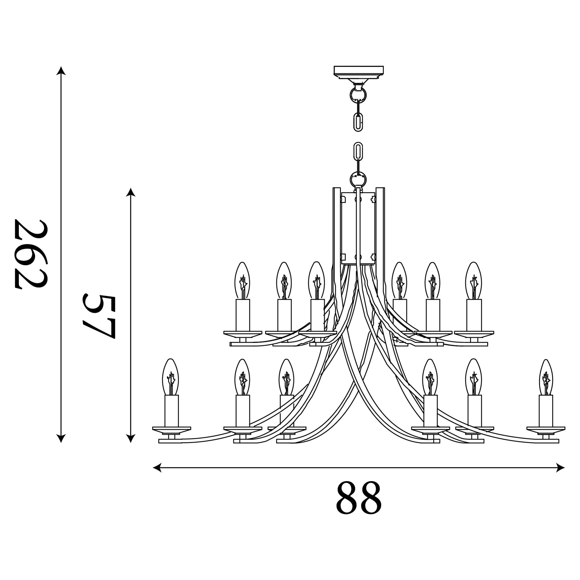 Technical line drawing of the Searchlight Ascona 12 Light Pendant showing a total height of 262cm, chandelier height of 57cm and width of 88cm