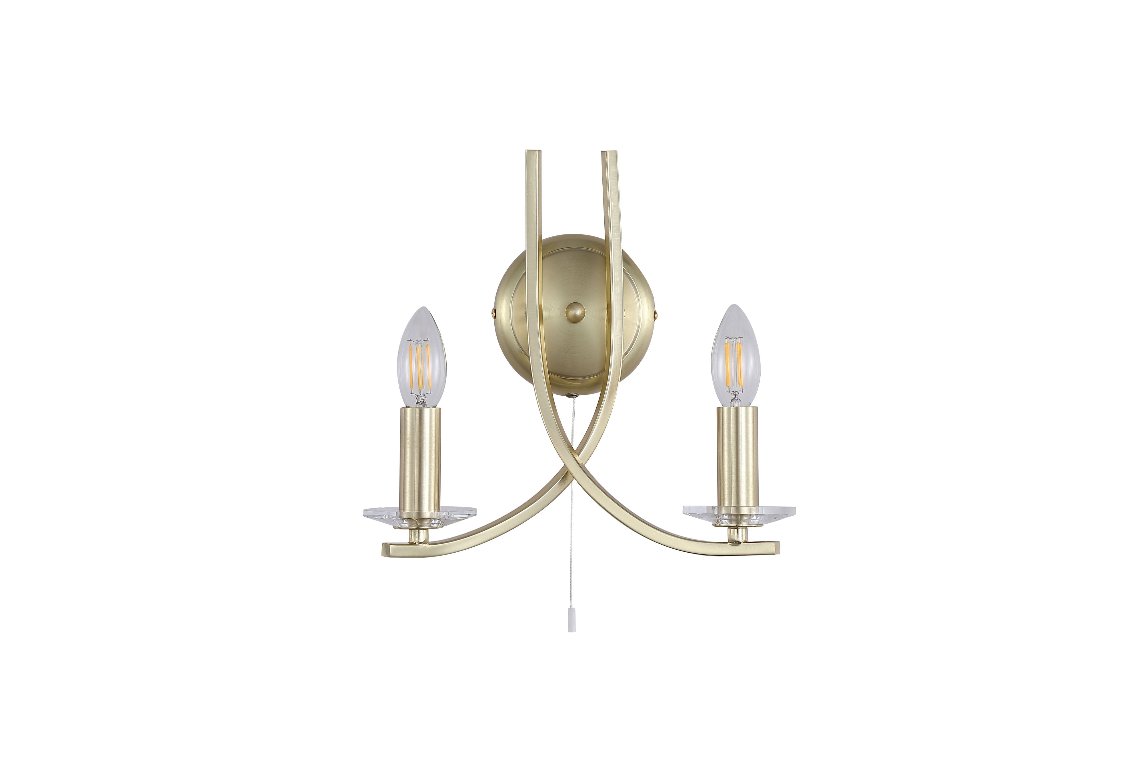 Searchlight Ascona 2 Light Wall Light in satin brass, full fitting on a white background, front view of the lit fixture