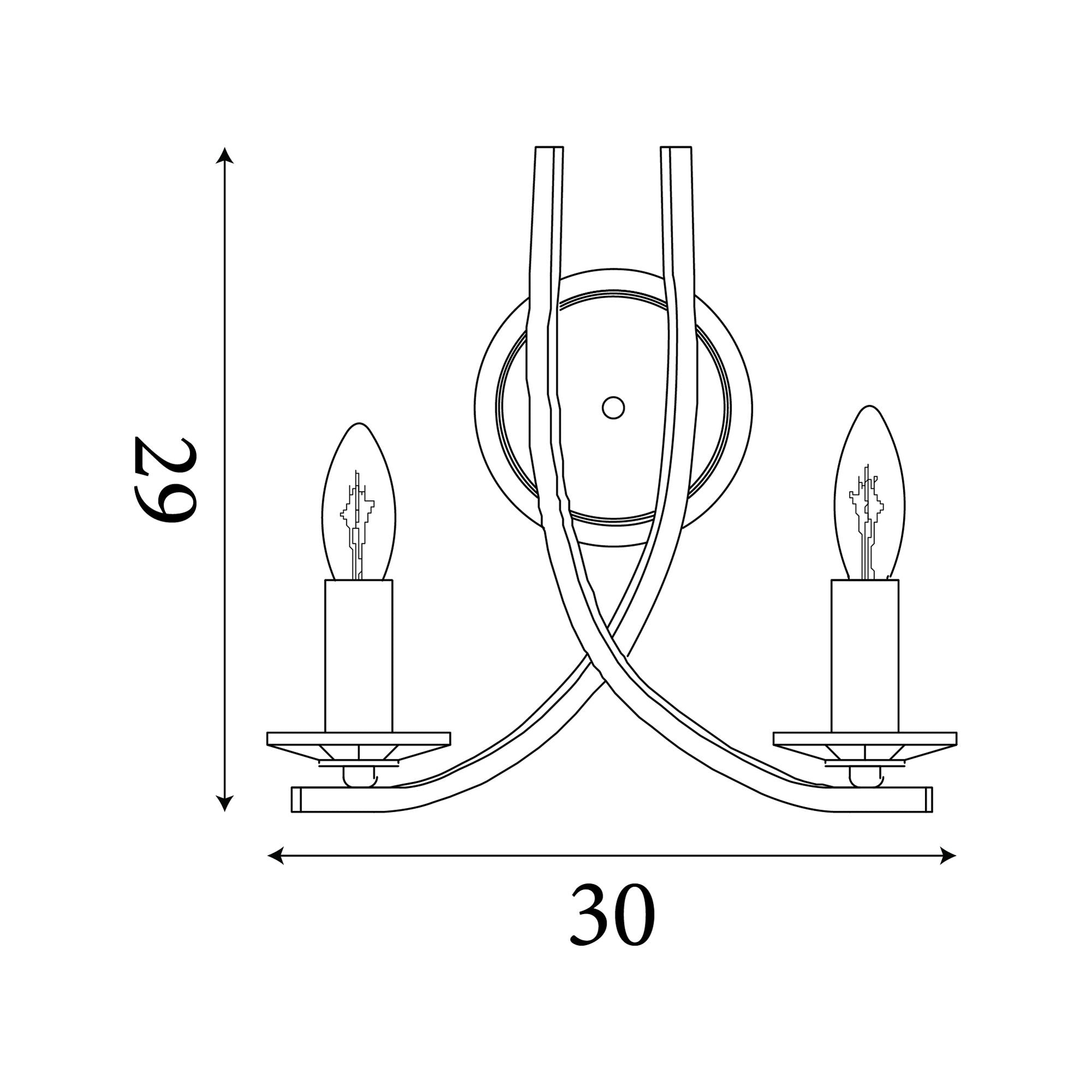 Technical line drawing of the Searchlight Ascona 2 Light Wall Light showing a height of 29cm and width of 30cm