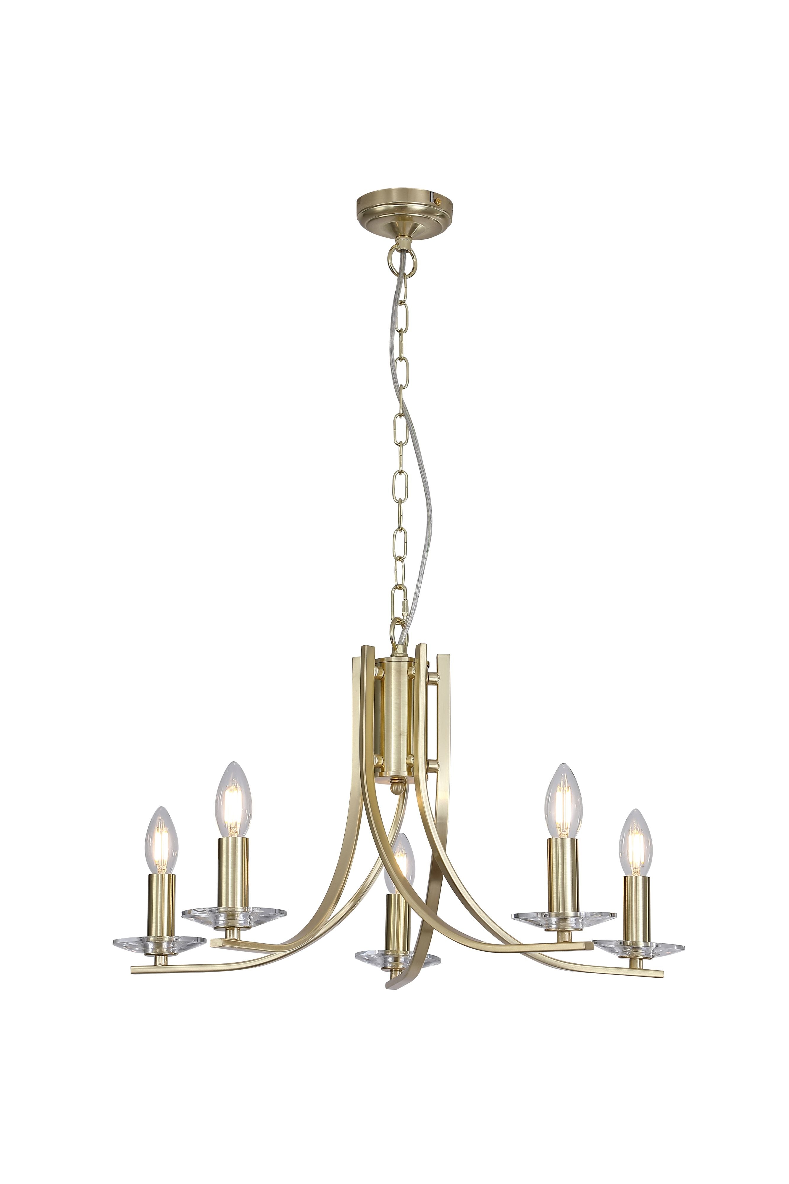 Searchlight Ascona 5 light pendant in satin brass, studio front view with all five candle style bulbs lit against a white background