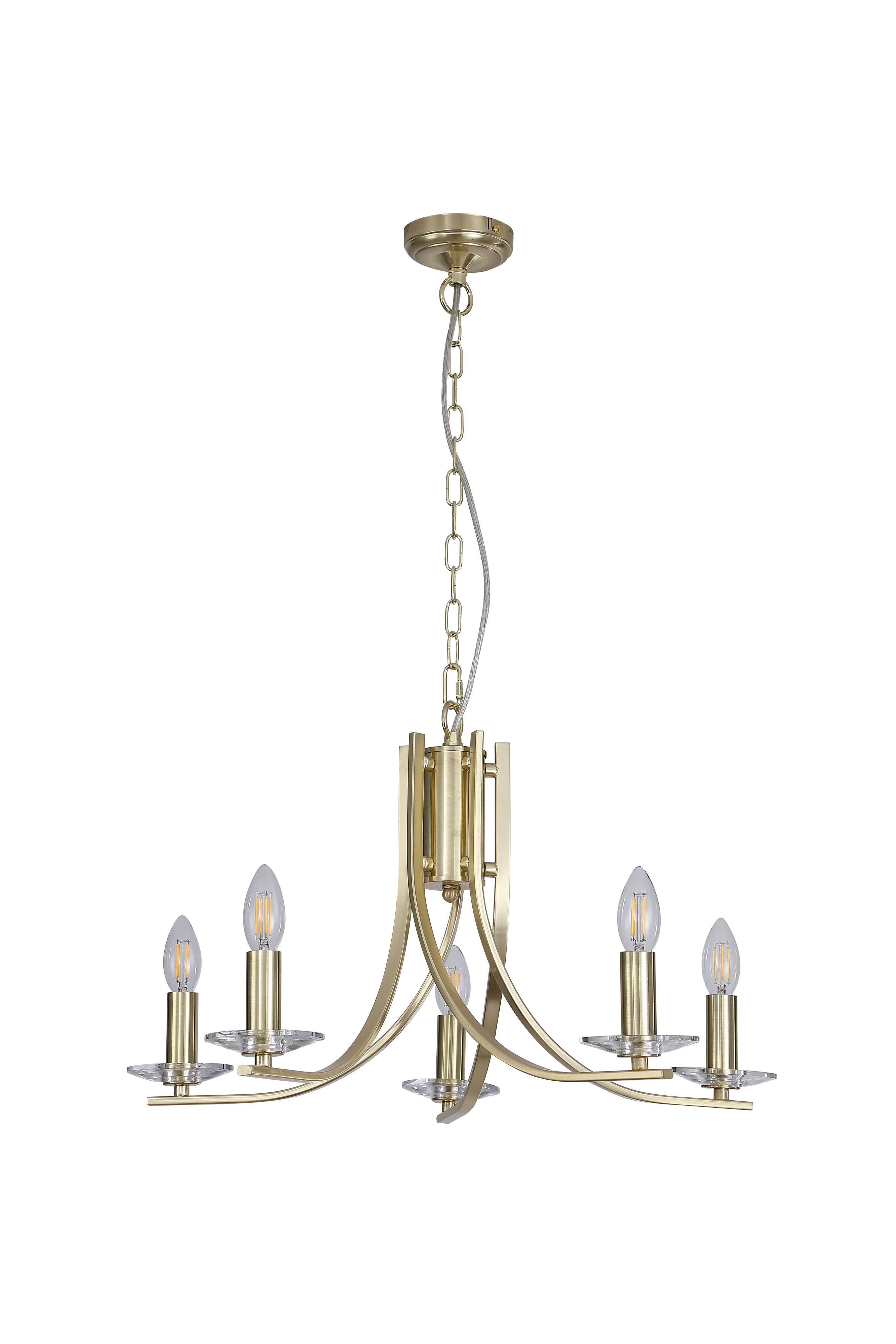 Searchlight Ascona 5 light pendant in satin brass, studio view from a slightly different angle showing the curved crossing arms
