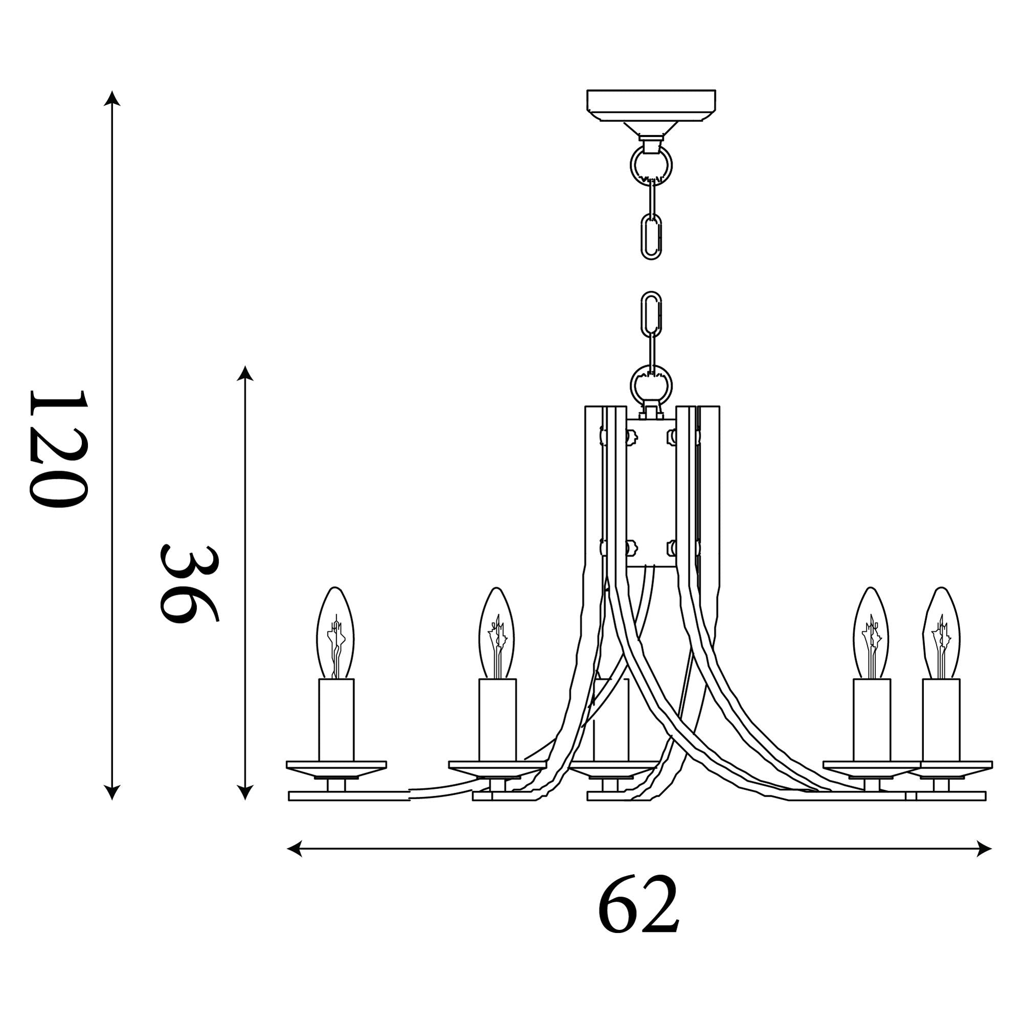 Technical line drawing of the Ascona 5 light pendant showing a width of 62cm, a fixed height of 36cm and a maximum adjustable drop of 120cm