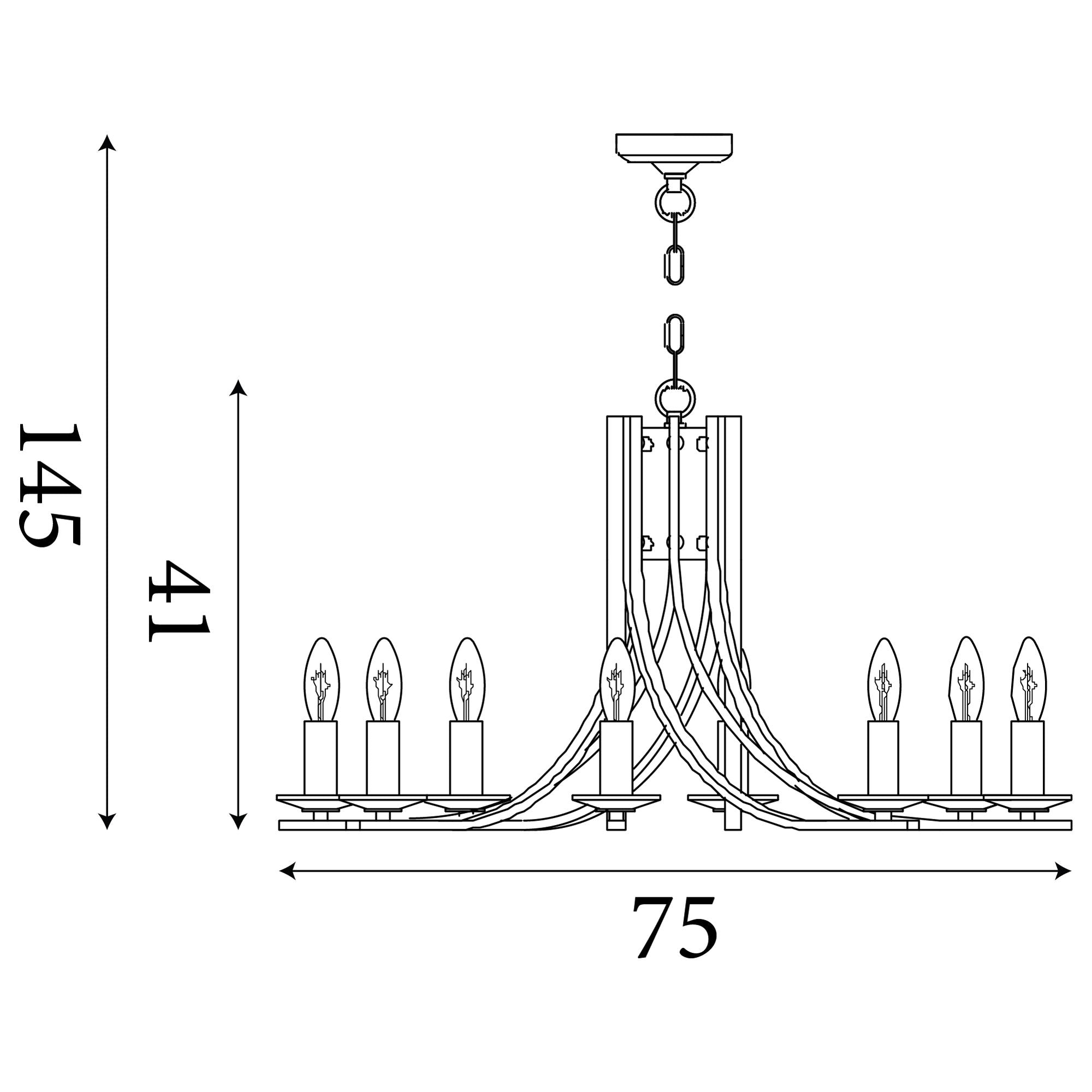 Technical line drawing of the Ascona 8 light pendant showing a width of 75cm, a fixed height of 41cm and a maximum adjustable drop of 145cm