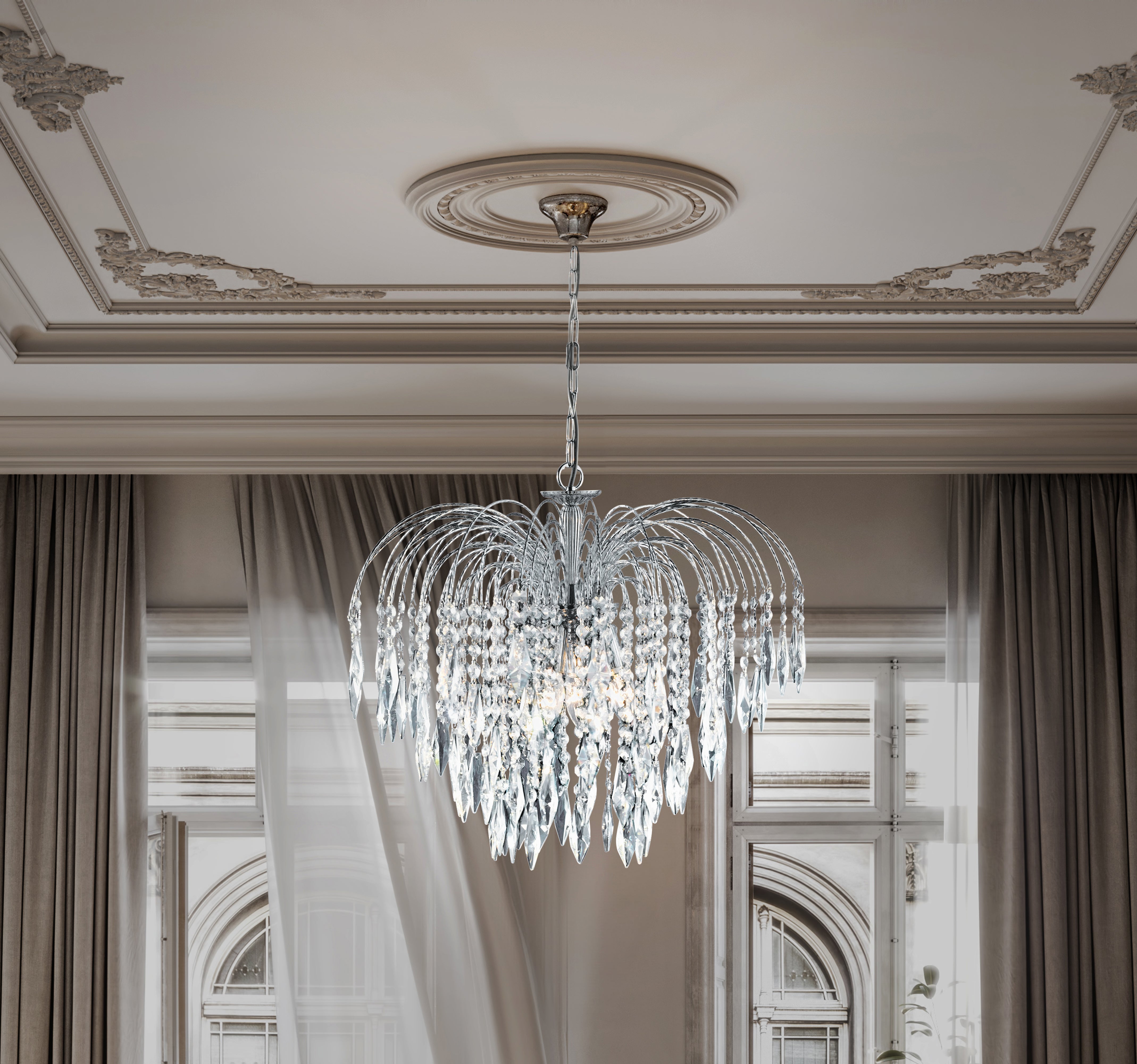 Searchlight Webb Chrome 5 Light Pendant Fitting With Crystal Buttons & Drops