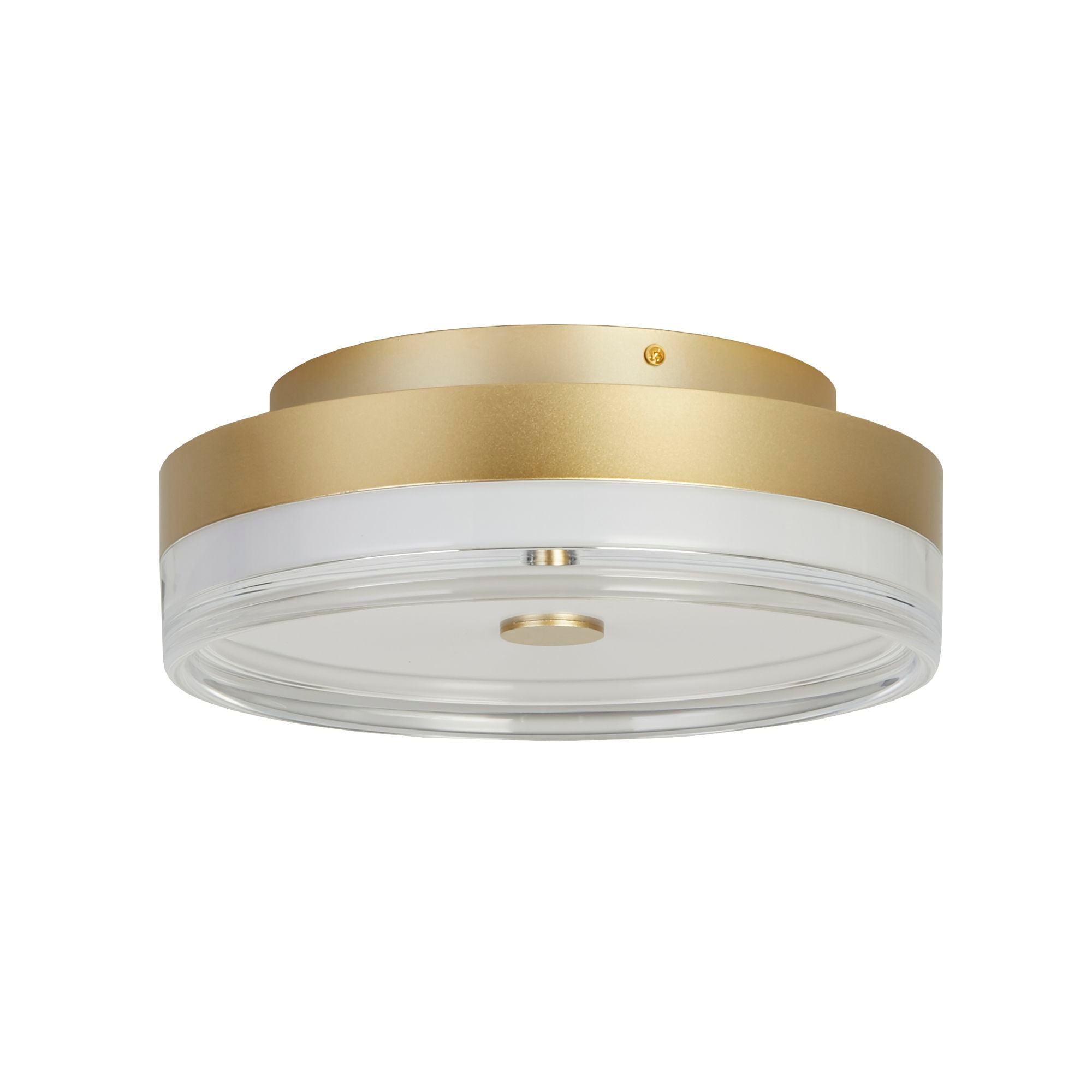 Searchlight Cyprus 30cm LED flush ceiling light in gold, front on view showing the gold metal band and glowing diffuser