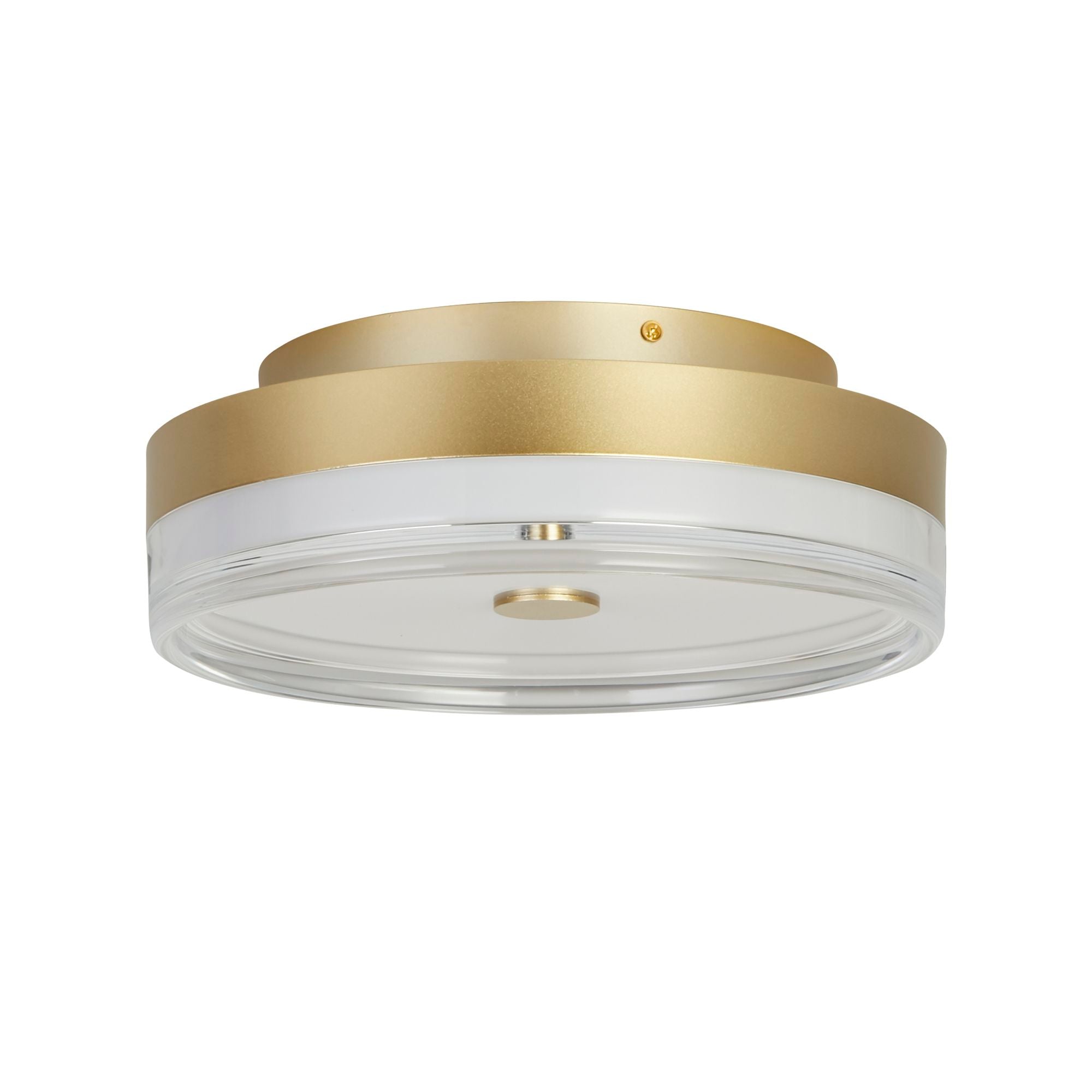 Searchlight Cyprus LED Flush 40cm in gold, angled view with the light off, showing the plain white acrylic diffuser and brushed gold metal band
